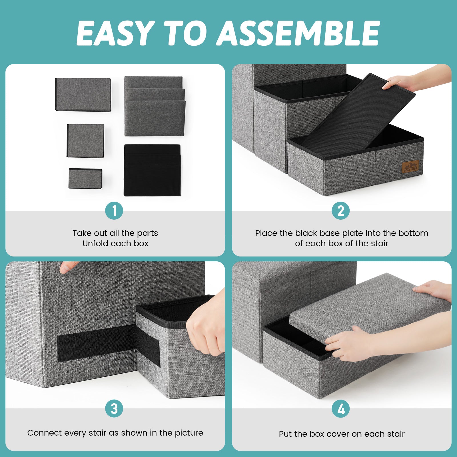 Easy to assemble Cozy Bliss storage pet stairs with simple 4-step unfolding and connecting process. #color_Grey