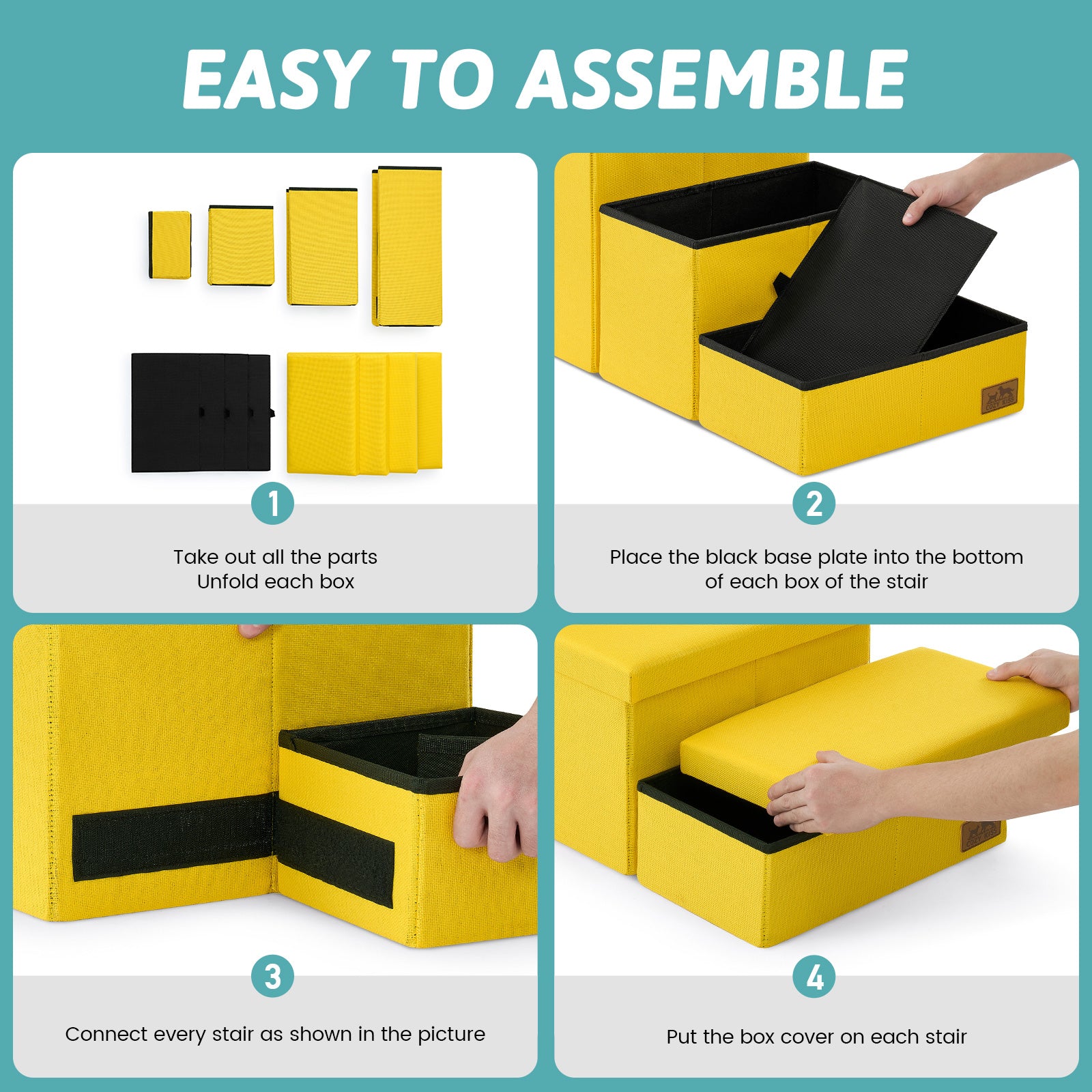 Easy to assemble Cozy Bliss storage pet stairs with simple 4-step unfolding and connecting process. #color_Yellow