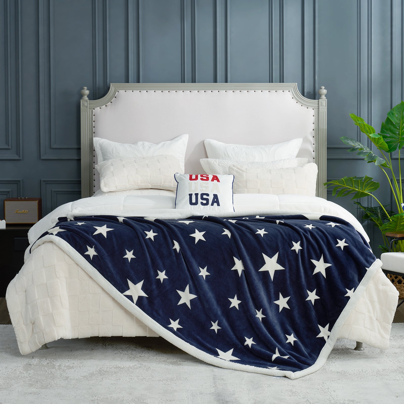 Reversible Sherpa Navy Blue Star Throw Blanket