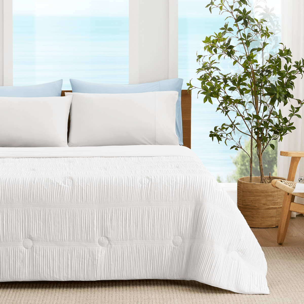 Striped Breathable Cooling Comforter front view.#color_Off White