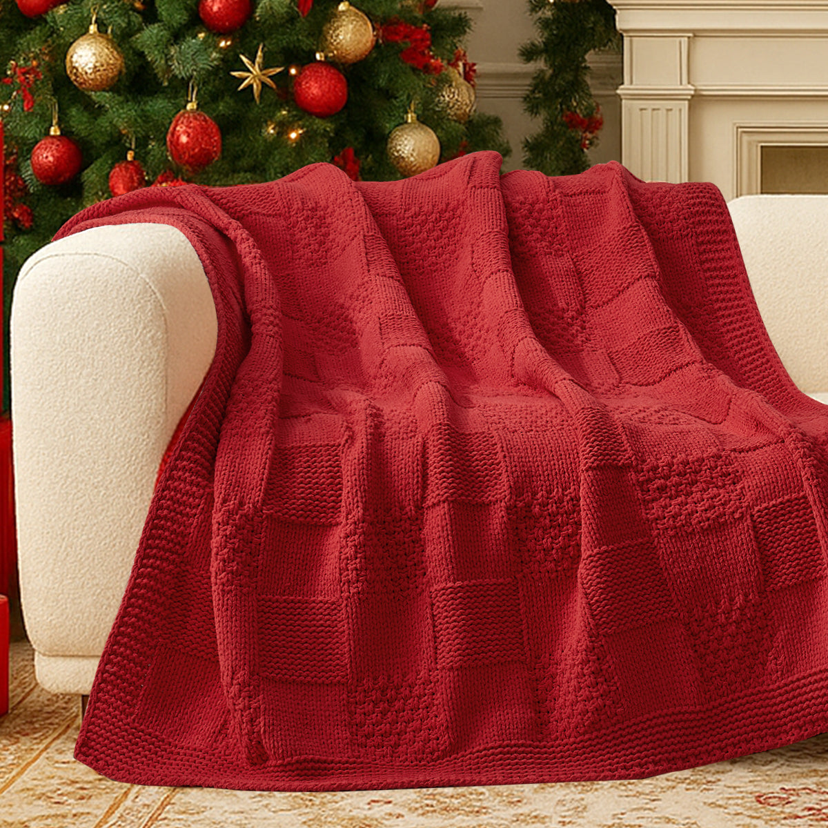 Cozy Bliss X Amélie Home Checkered Chenille Knit Throw Blanket - Christmas Red
