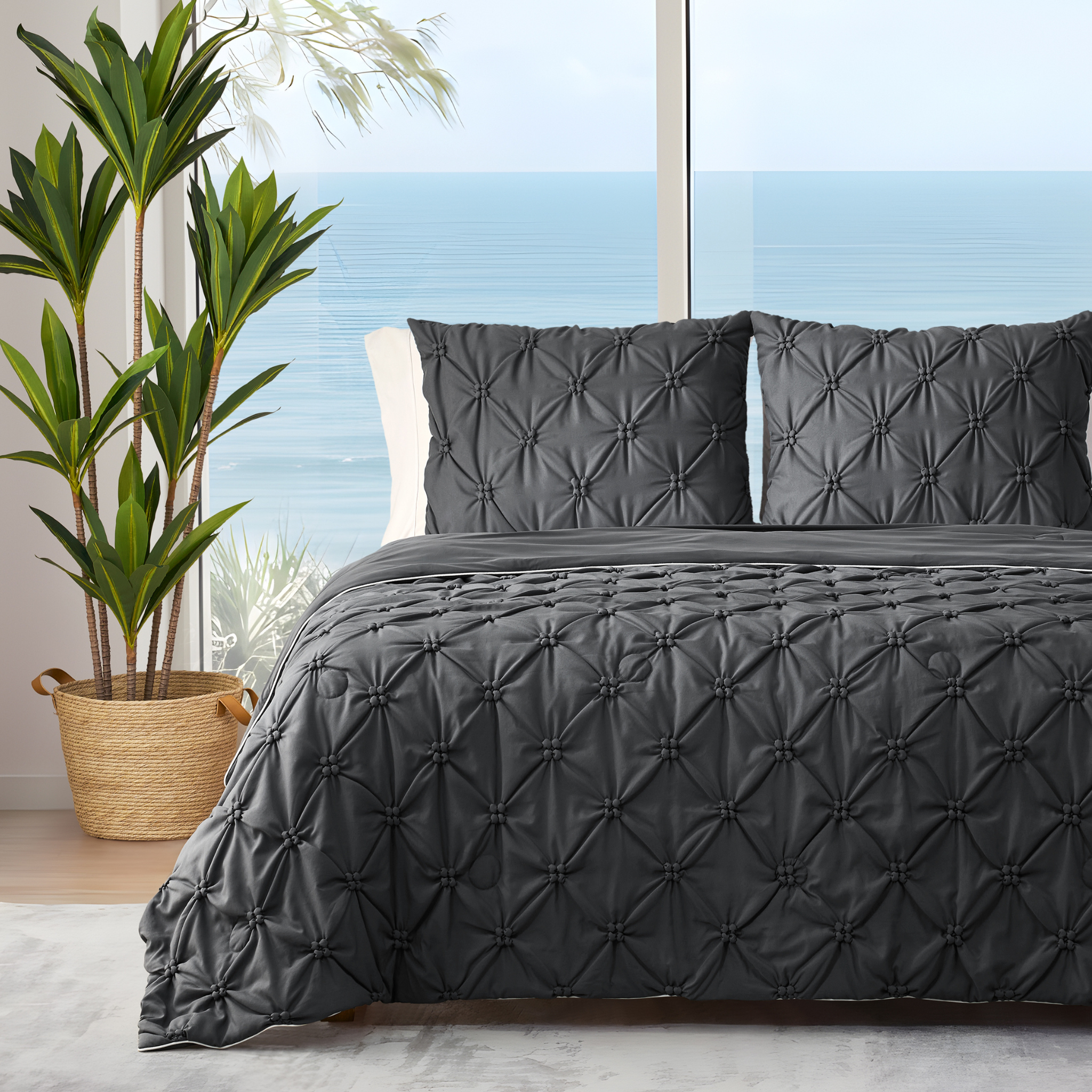 Cozy Bliss Dark Grey Pintuck Cooling Comforter front view #Color_Charcoal Grey