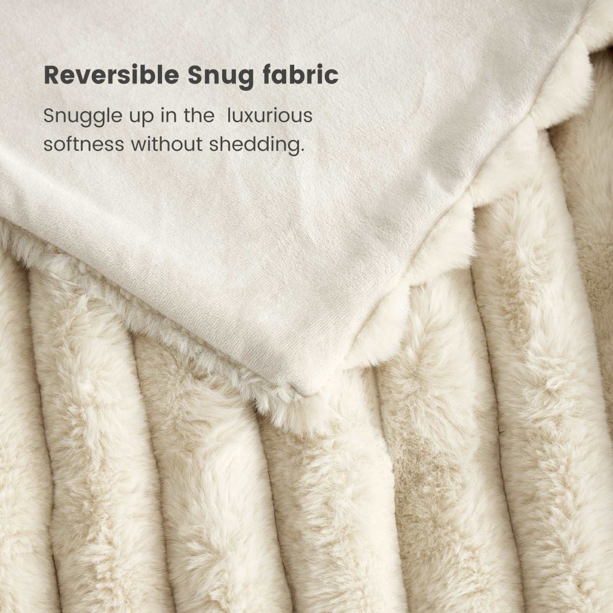 Close-up of Cozy Bliss Faux Fur Blanket fabric, showing Reversible Snug fabric, soft and shedding-free. #color_Beige