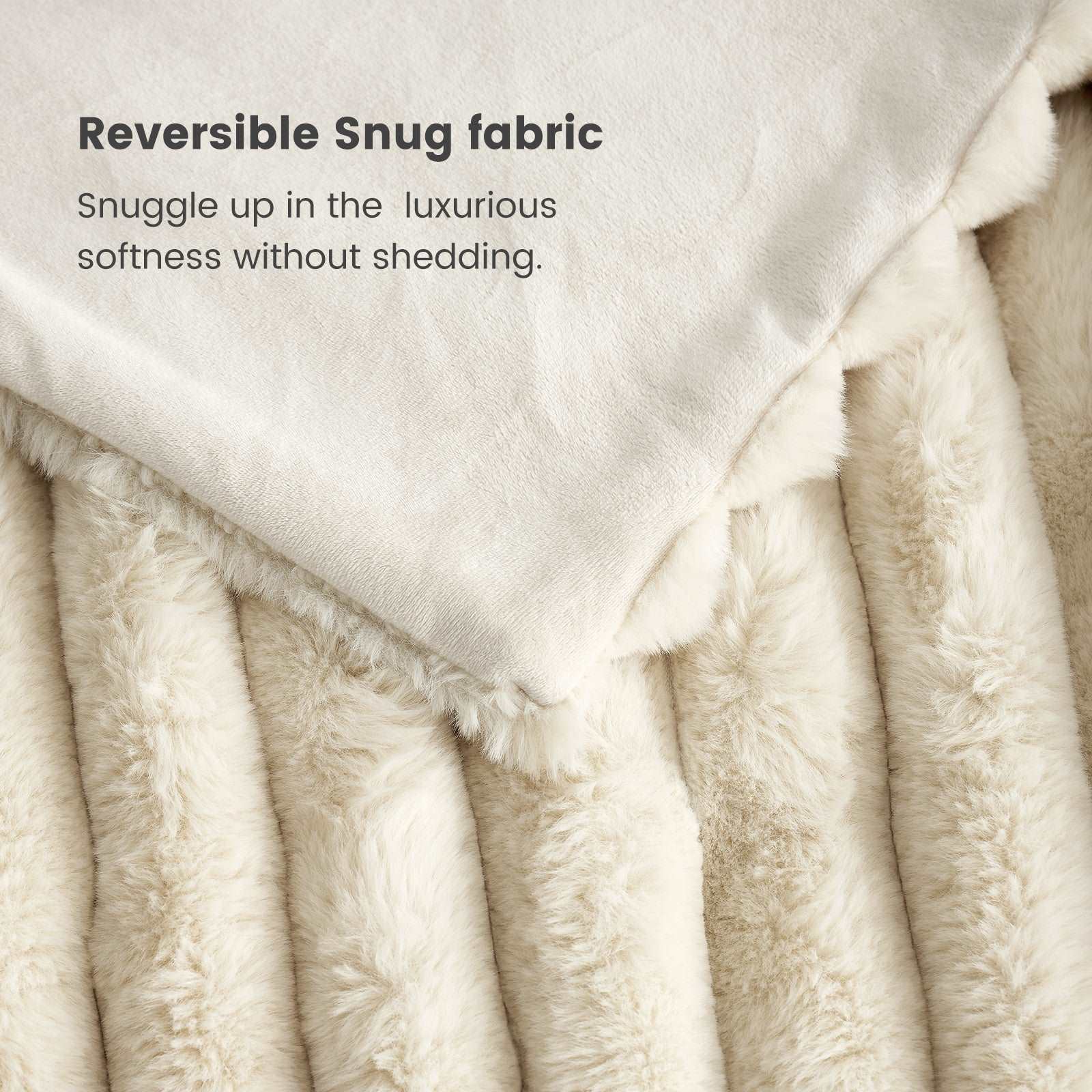 Cozy Bliss Faux Fur Blanket in beige, showing Reversible Snug fabric, soft and shedding-free. #color_Beige