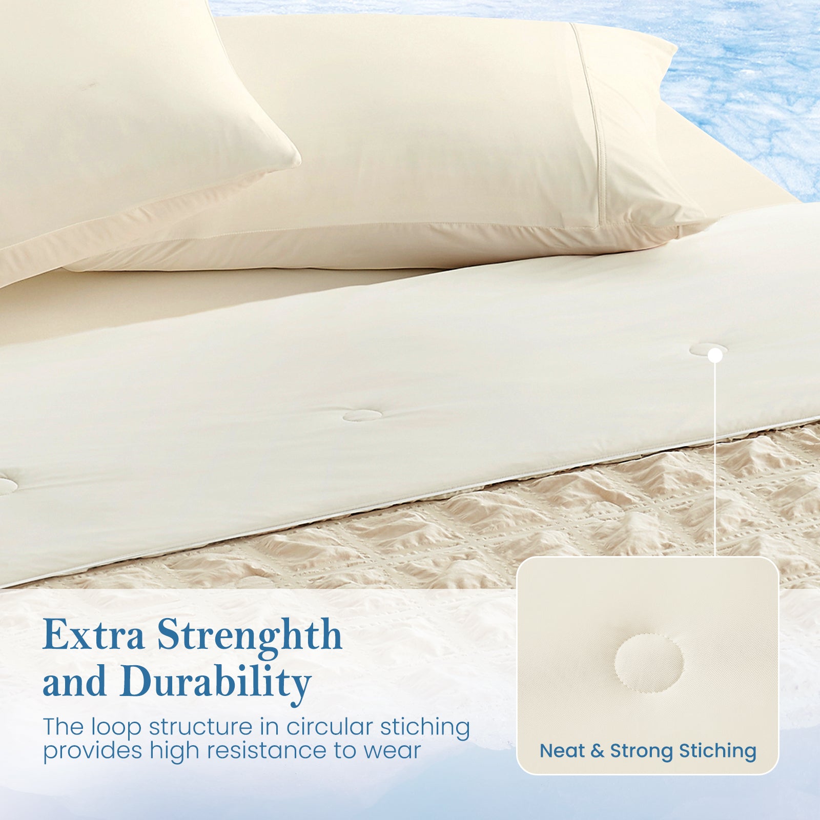 Top view of Cozy Bliss khaki seersucker plaid cooling comforter with extra strength and durability.#color_Khaki