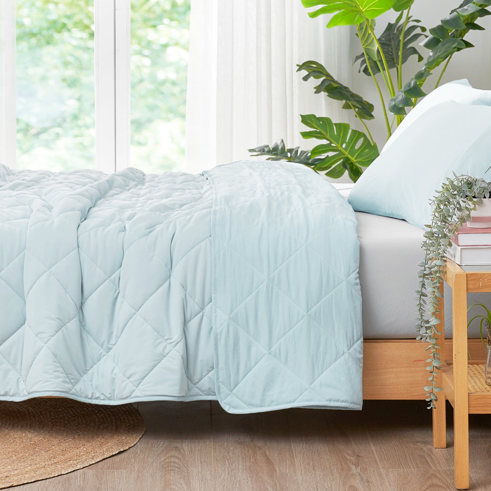 Cozy Bliss Chill Weave cooling blanket in bedroom, for comfort #Color_Cool Blue