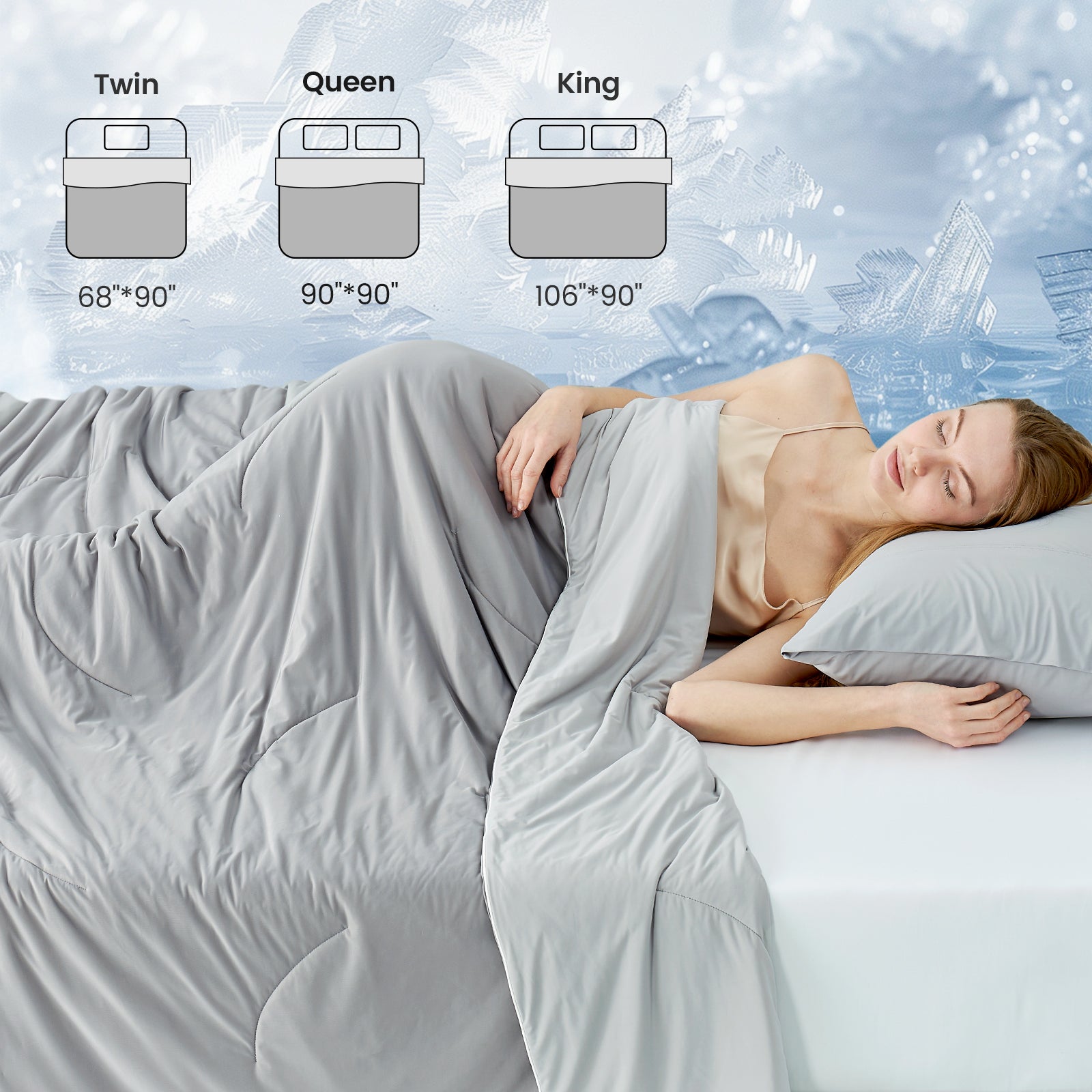 Cozy Bliss cooling comforter, woman sleeping, available in Twin, Queen, and King sizes. #Color_Cool Grey