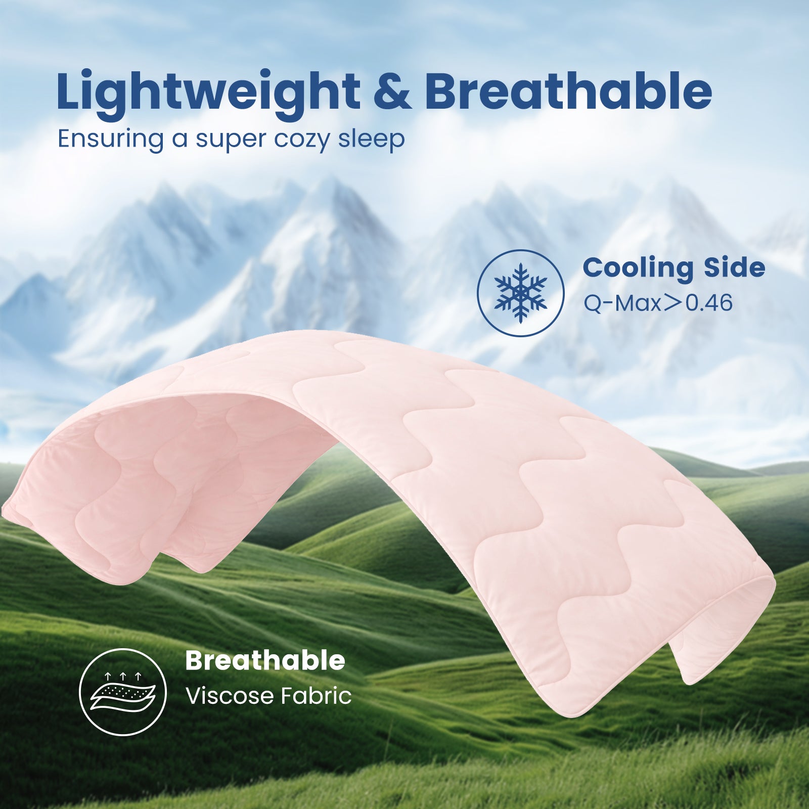 Floating Sorona® cool pink cooling comforter showing dual-sided design, cooling side for freshness and breathable side for comfort. #color_Cool Pink