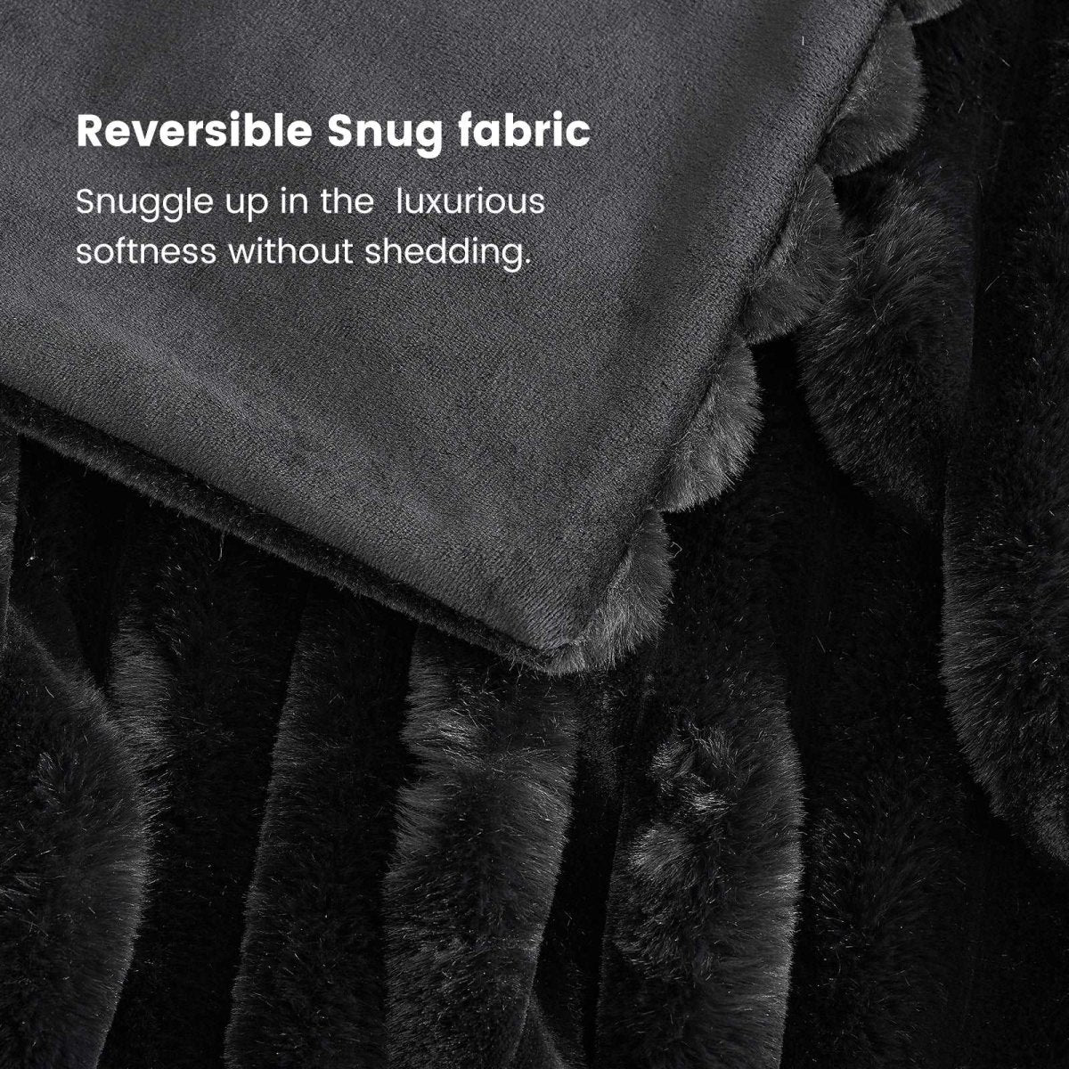 Close-up of the material of Cozy Bliss reversible faux fur blanket, luxurious and soft #color_Black