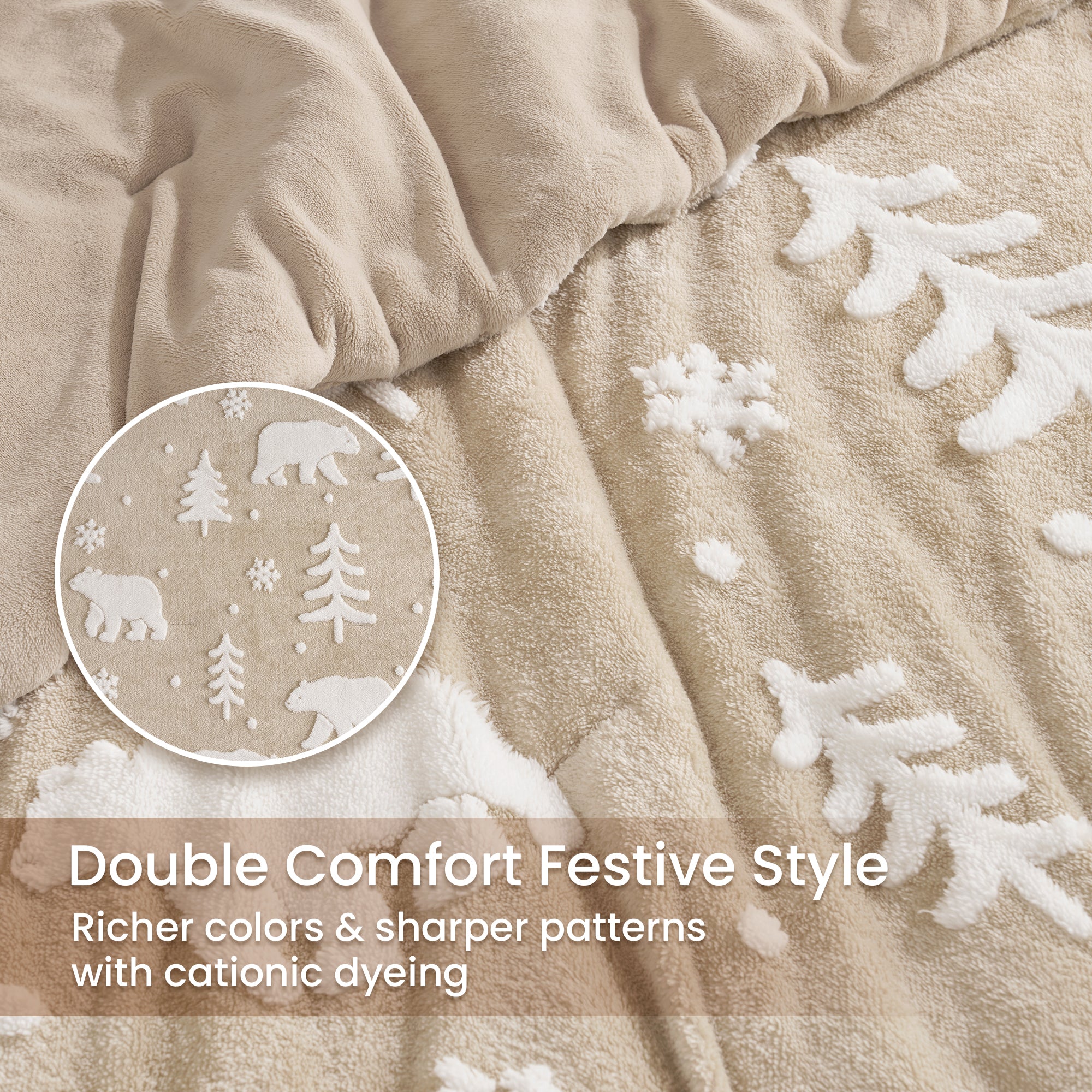 Beige blanket with white snowflakes and animal patterns on a matching background #Color_Polar Bear