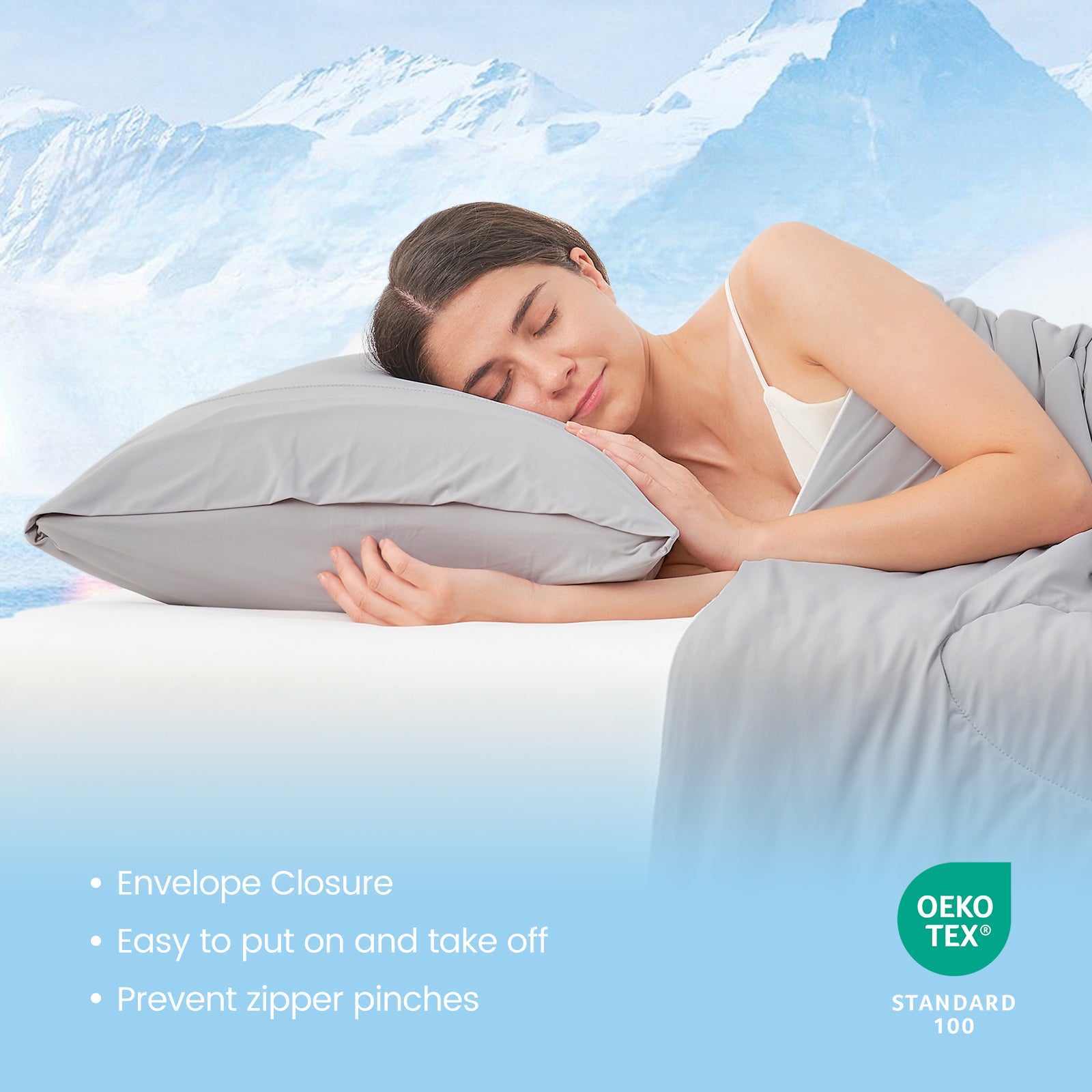 Cooling pillowcase set in gray, woman sleeping comfortably. Featuring envelope closure, OEKO-TEX certified. #color_Light Grey