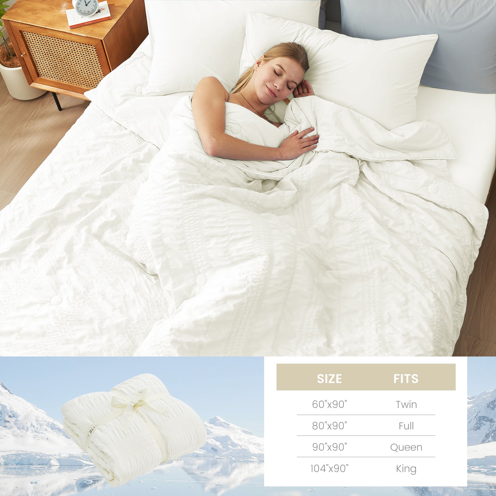 Woman sleeping peacefully under Cozy Bliss seersucker cooling comforter #color_Cream White
