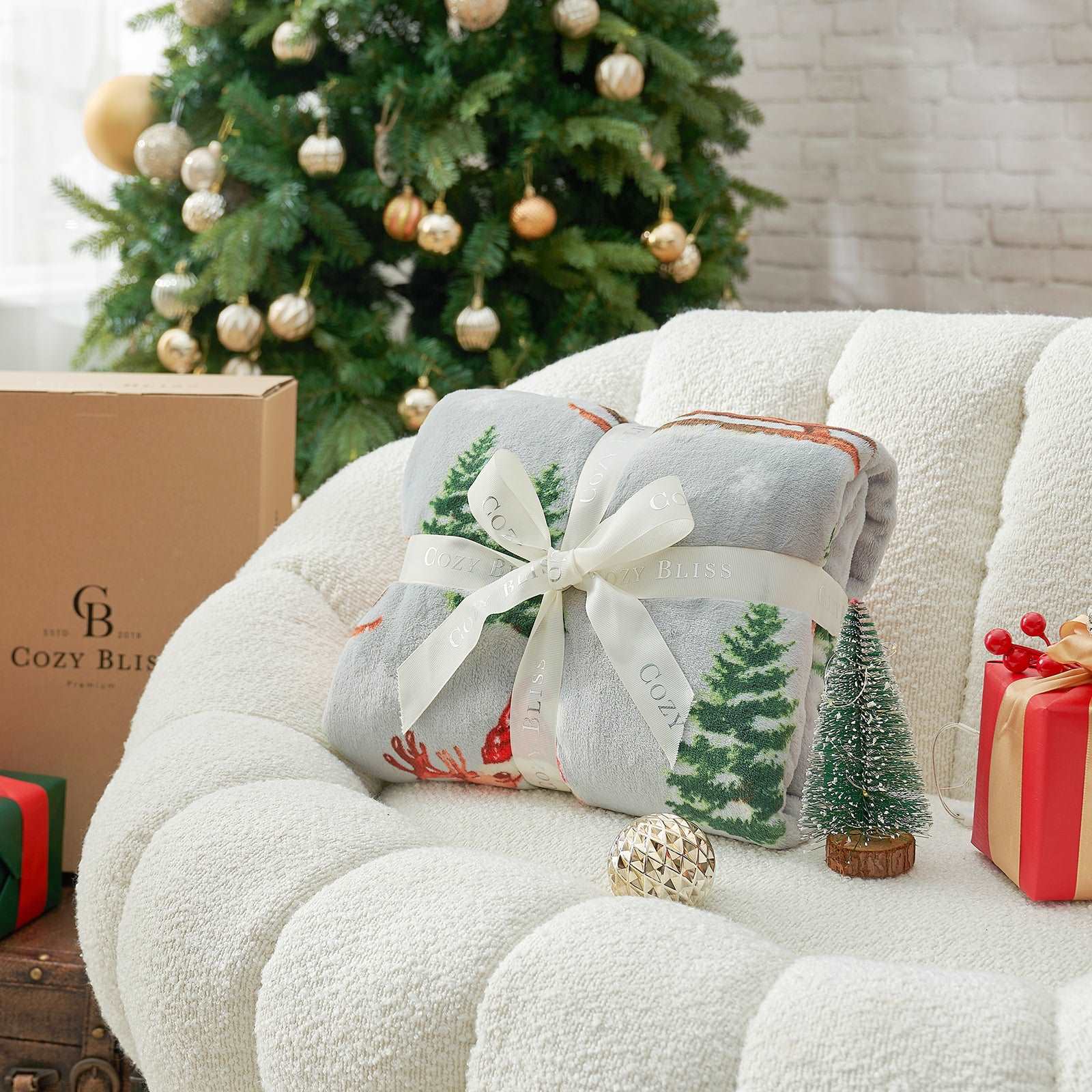Cozy Bliss MilkyPlush Christmas throw blanket on white chair, cozy blanket #color_ Gnome in Sleigh