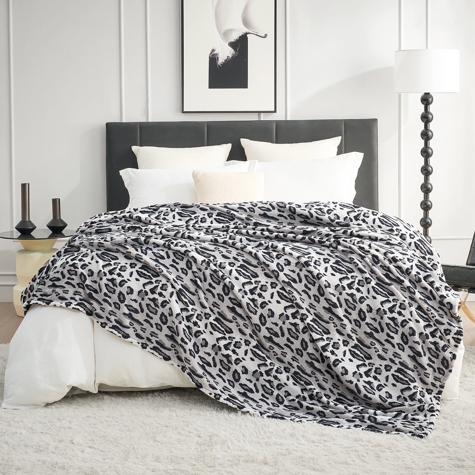 Leopard print blanket on bed, creating a cozy bedroom aesthetic #color_Silvery Leopard