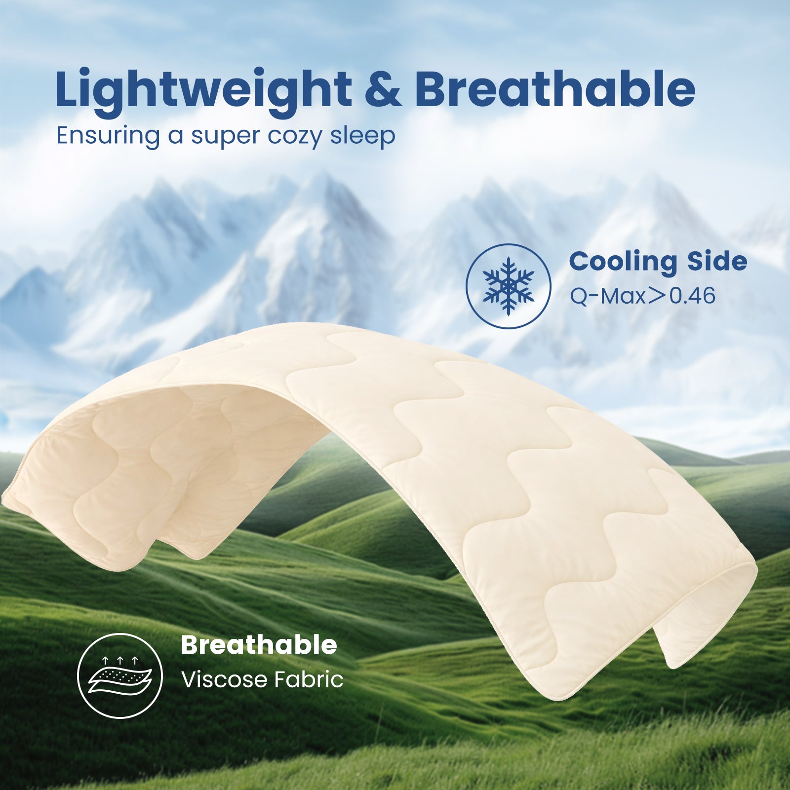 Floating Sorona® ivory cooling comforter showing dual-sided design, cooling side for freshness and breathable side for comfort. #Color_Ivory
