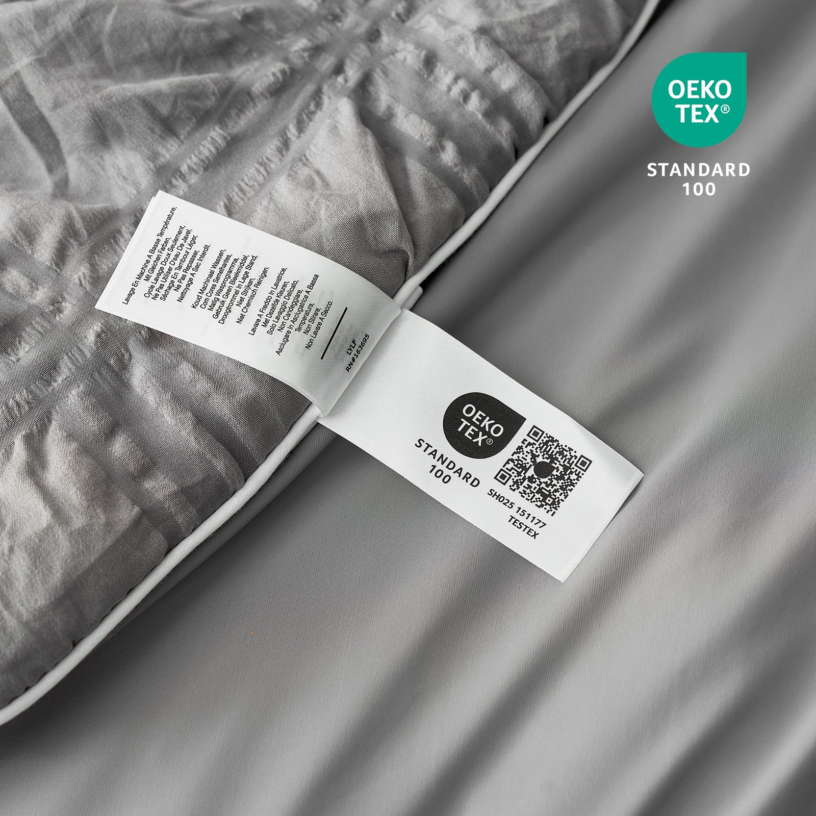 OEKO-TEX label on a fabric background #color_Dark Gray
