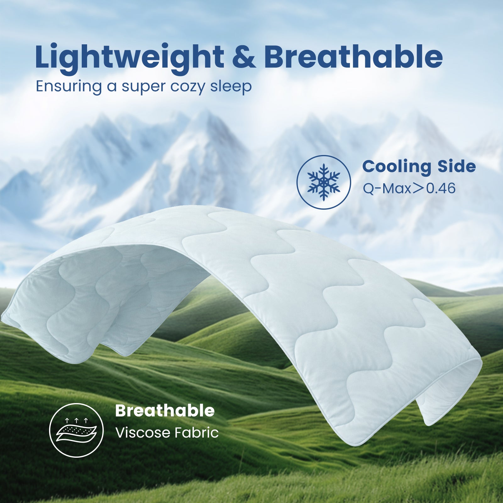 Floating Sorona® cool blue cooling comforter showing dual-sided design, cooling side for freshness and breathable side for comfort. #color_Cool Blue