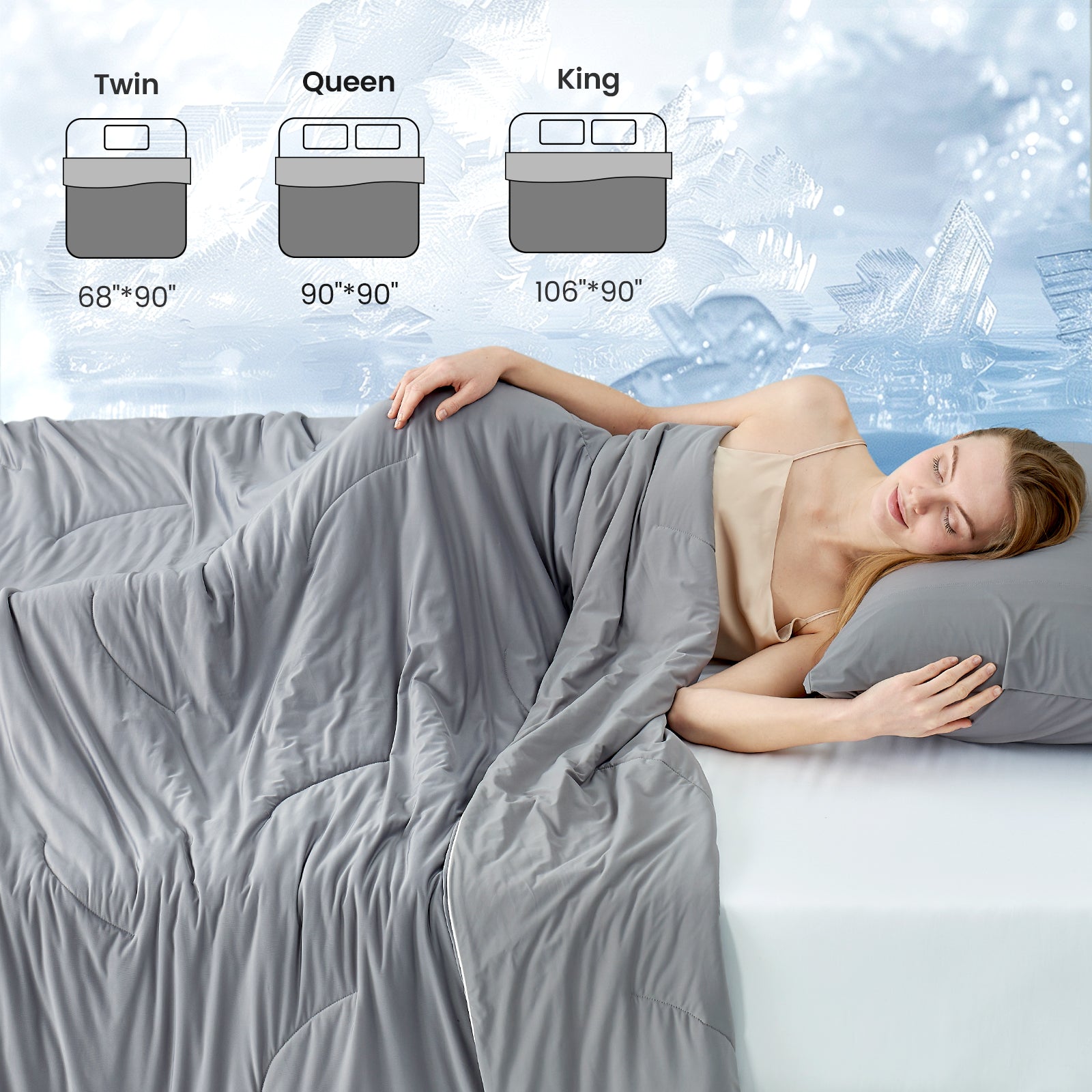 Gray Cozy Bliss cooling comforter with size options Twin, Queen, King. Woman sleeping comfortably. #Color_Dark Grey