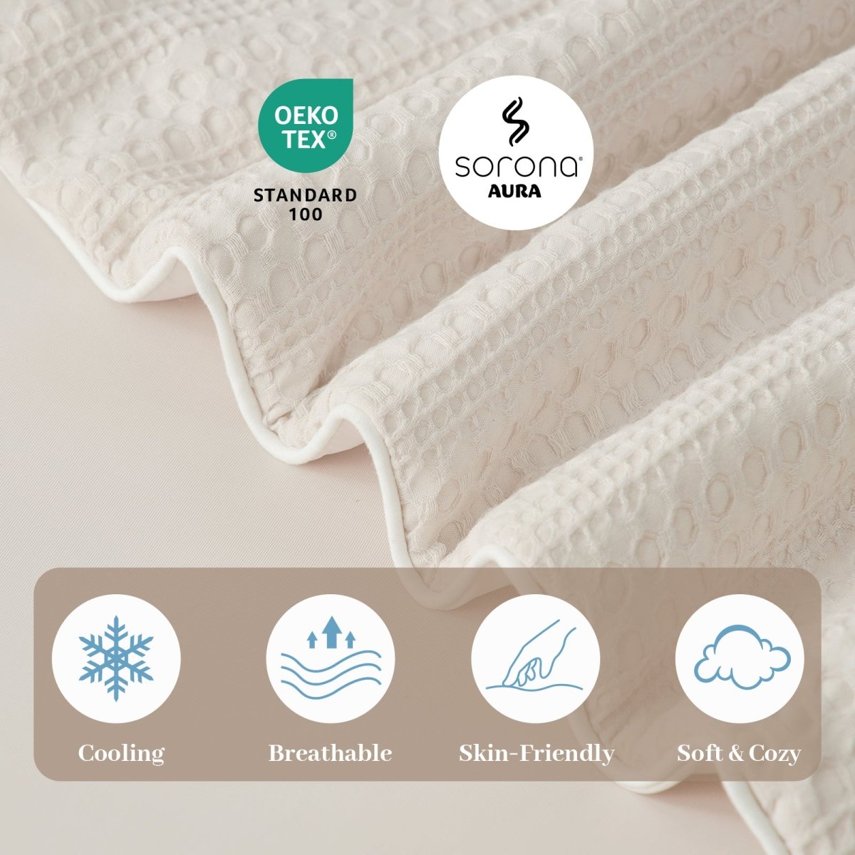Close up of dual-sided cooling waffle fabric, brethable and skin friendly. #color_Beige