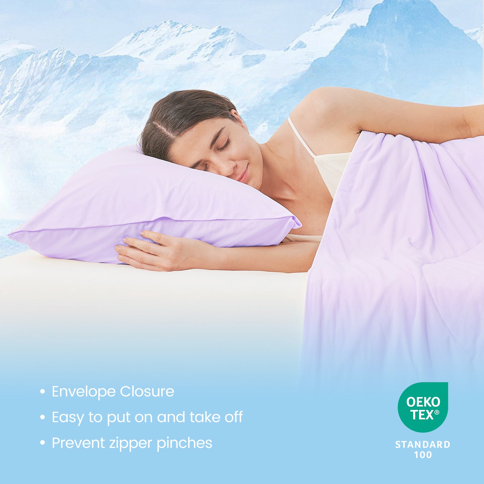Cooling pillowcase, lavender, with woman sleeping. Easy to use, OEKO-TEX certified for comfortable sleep. #color_Purple