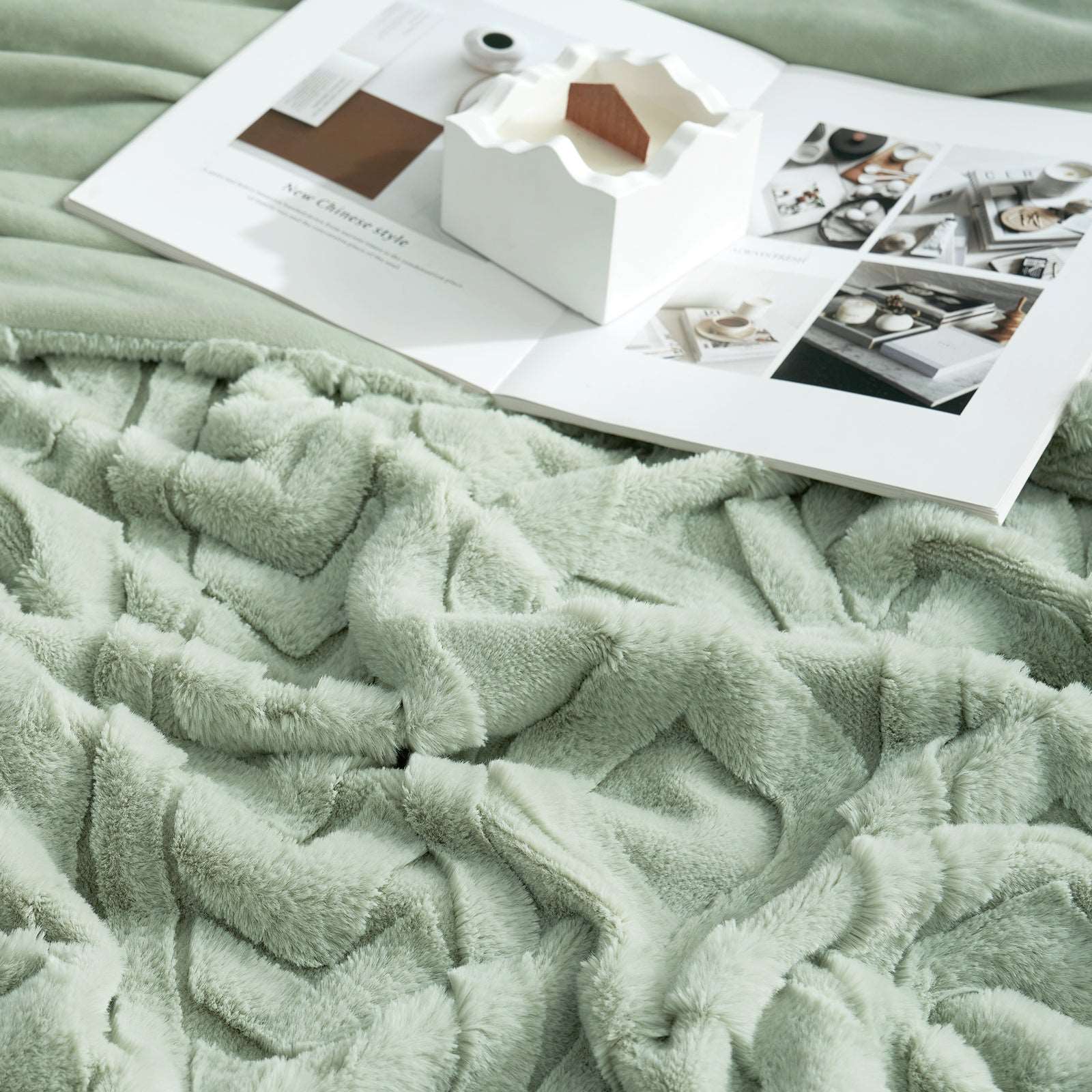 Cozy Bliss Green Cable Knit Blanket with decor #color_Sage Green