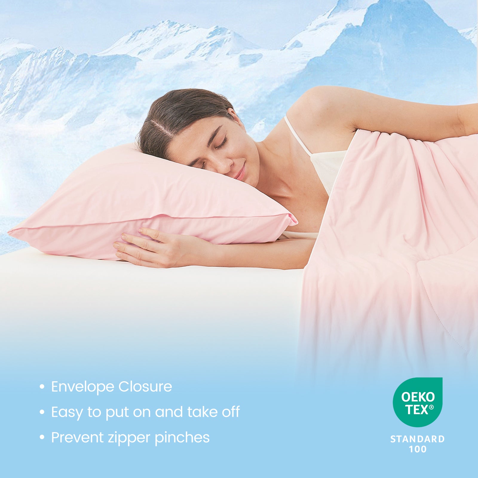 Pink cooling pillowcase: envelope closure, Oeko-Tex certified for quality, Cozy Bliss bedding for cool sleep. #color_Pink