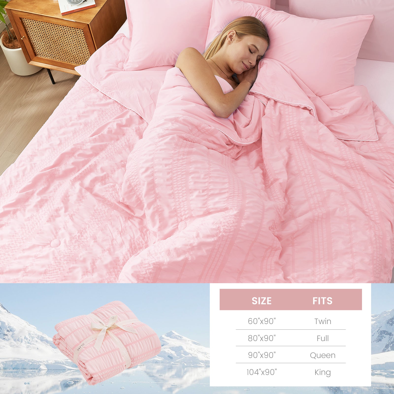 Pink Cozy Bliss Cooling Comforter on bed, breathable & stylish for a cool, cozy night's sleep. Seersucker design. #color_Pink