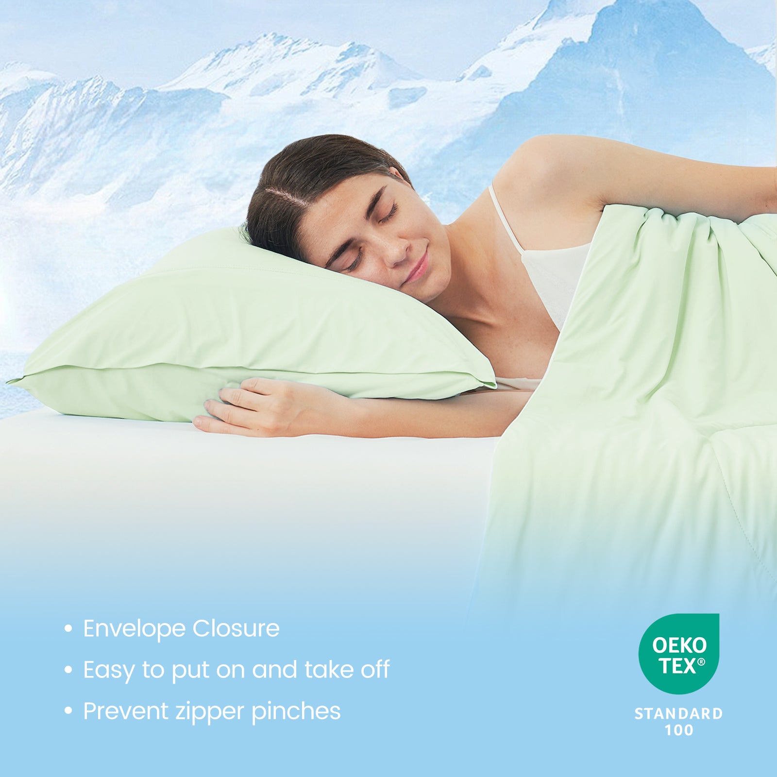 Light green cooling pillowcase with envelope closure, Oeko-Tex certified. Cozy bedding for comfortable sleep. #color_Green