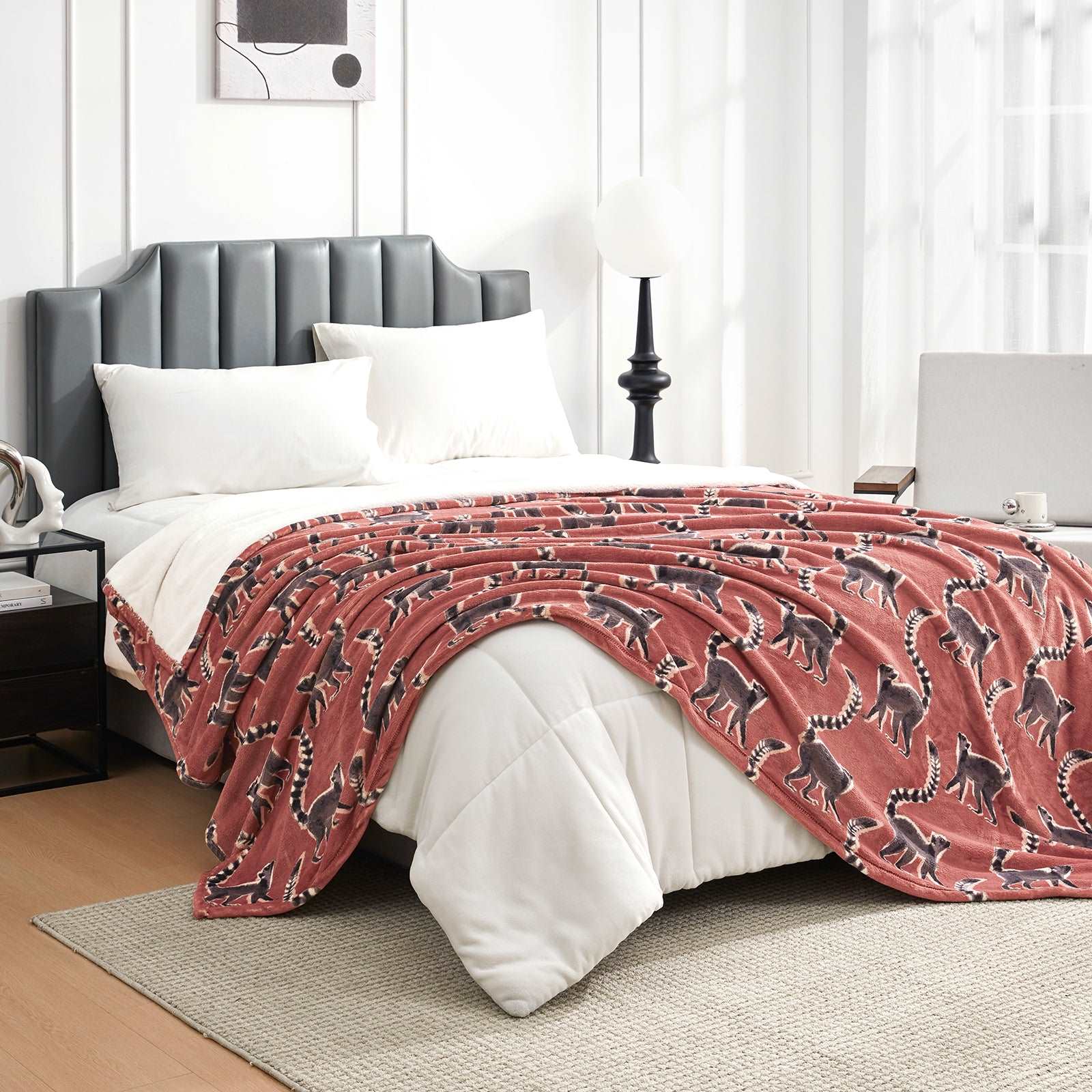 Lemur print cozy blanket on bed, premium comforter #color_Proud Lemur