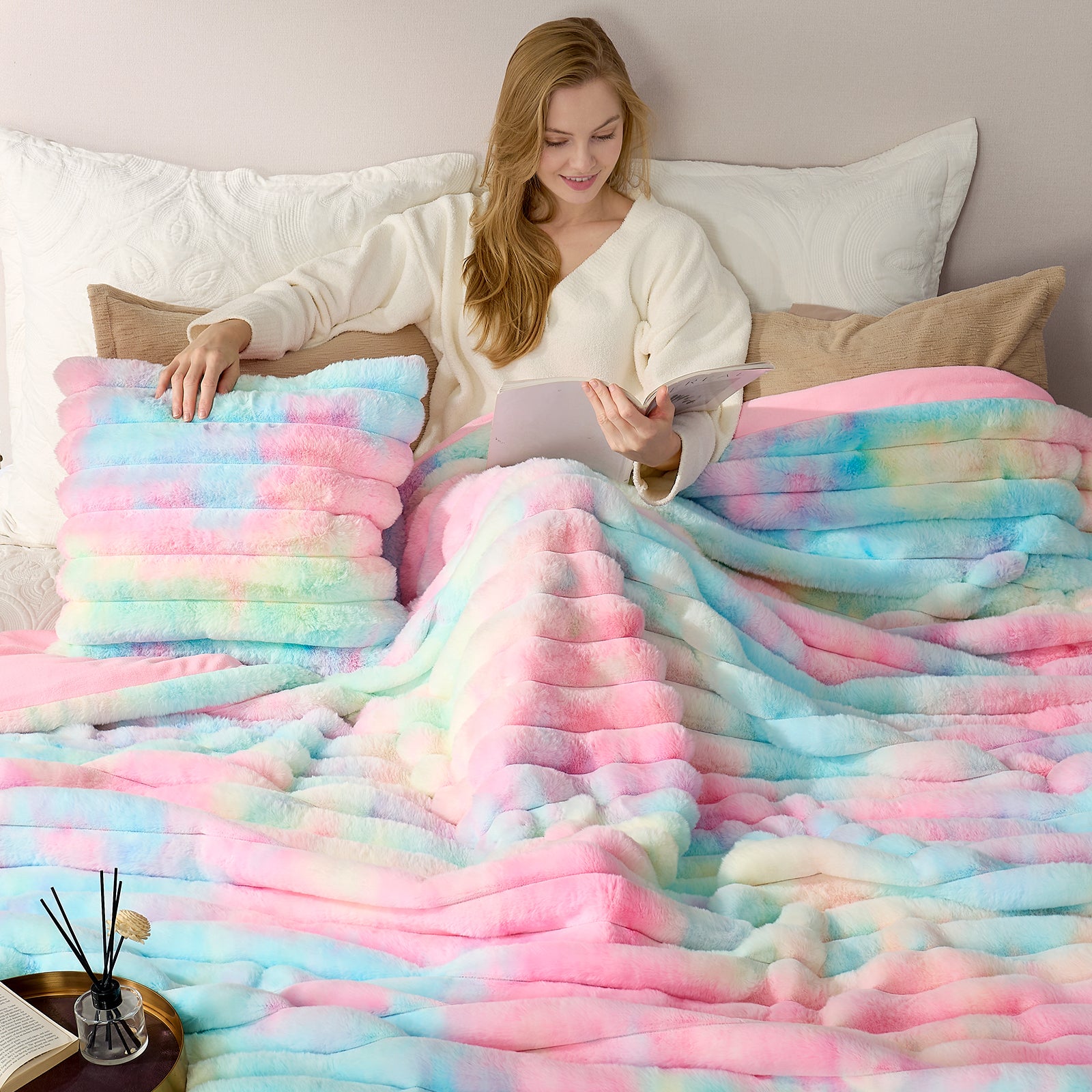Striped Faux Fur Throw Blanket