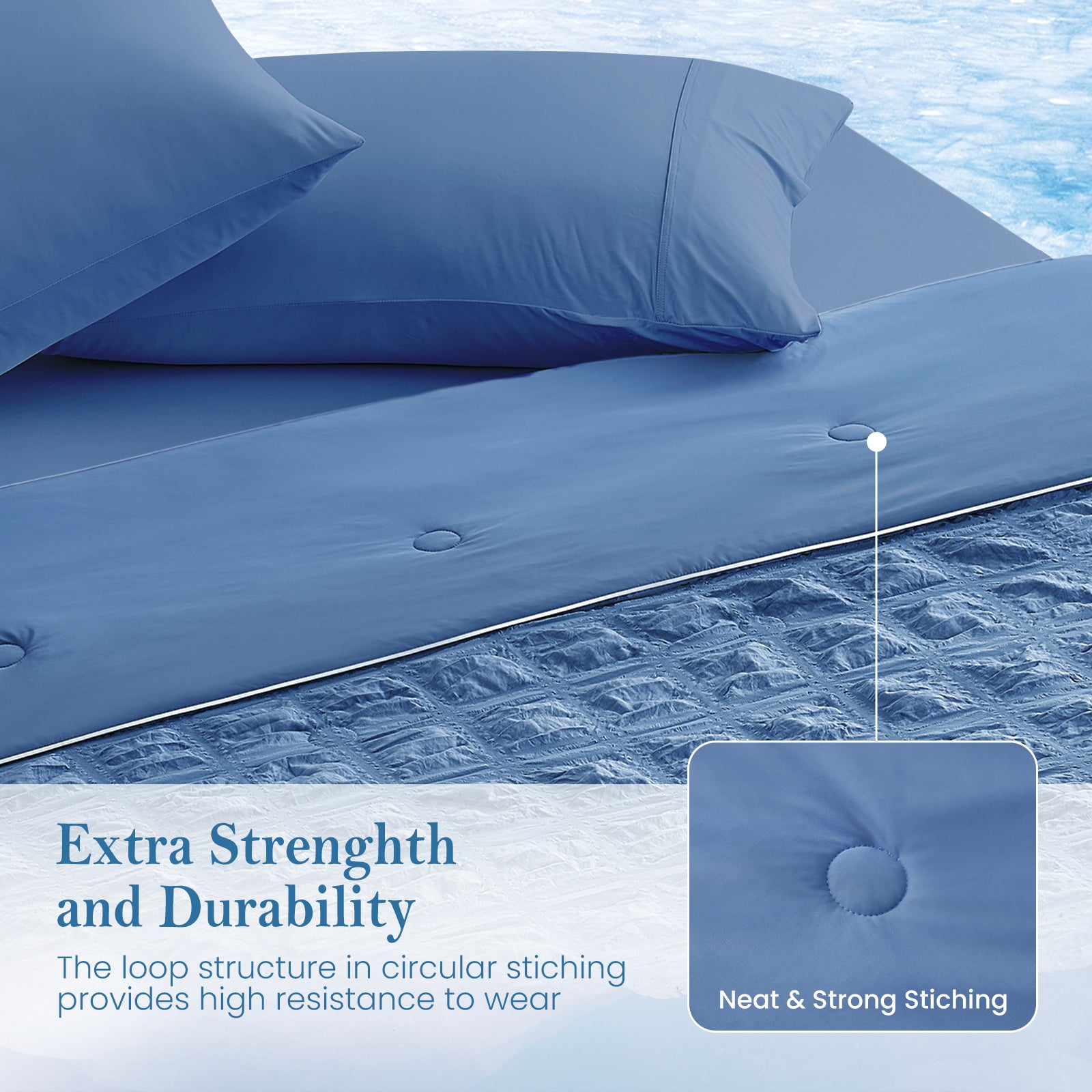 Top view of Cozy Bliss denim blue seersucker plaid cooling comforter with extra strength and durability.#color_Denim Blue