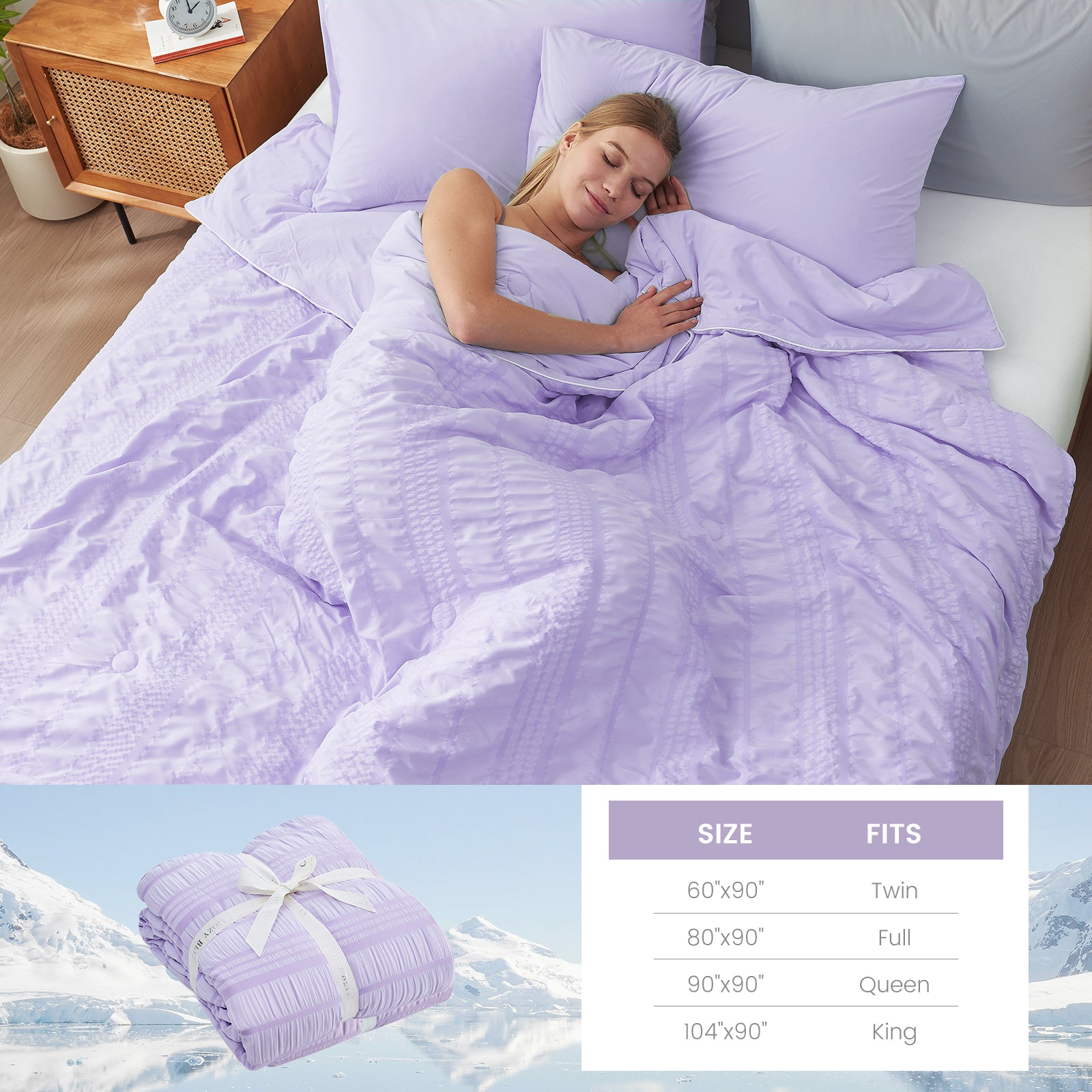 Lavender Cozy Bliss Cooling Comforter. Breathable seersucker design for cool, cozy sleep. #color_Purple