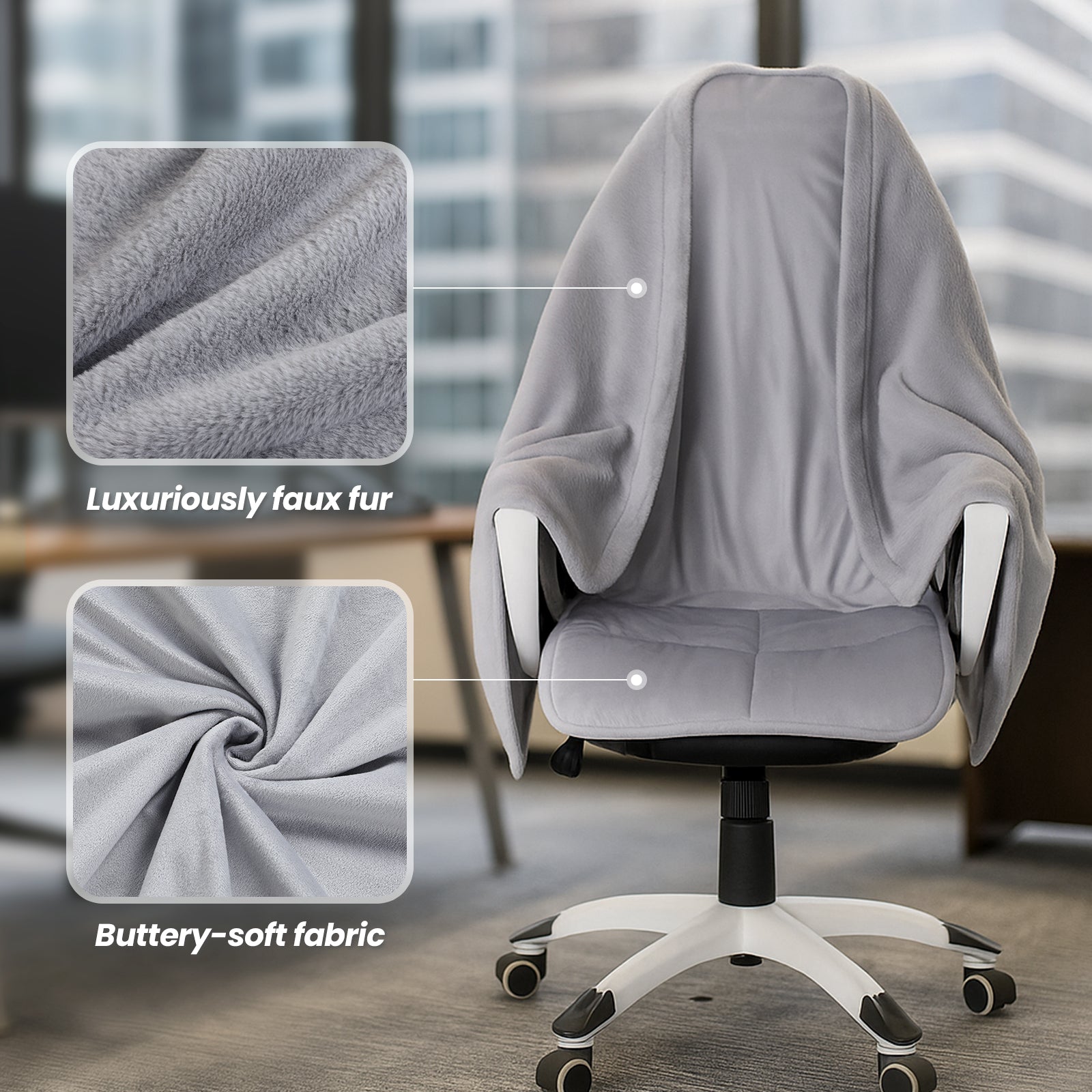 Gray office chair with a blanket draped over it, showing close-up details of the fabric texture.#color_Grey
