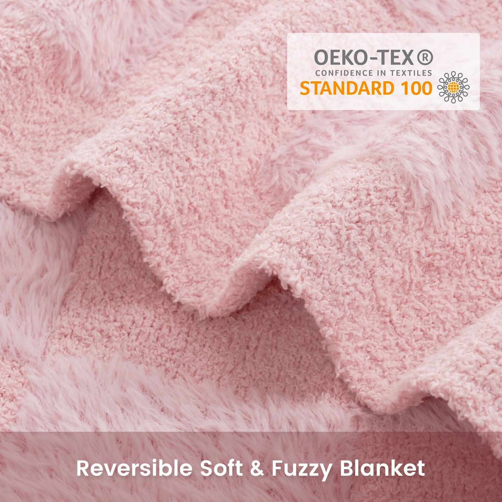 Close-up of Checkered Faux Fur Feather Yarn Throw Blanket in Pink showcasing plush texture and OEKO-TEX STANDARD 100 certification. #color_Pink