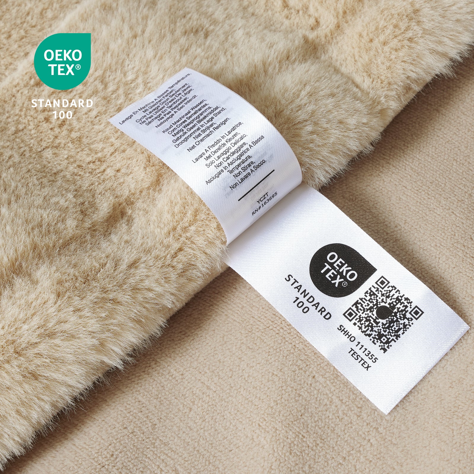 OEKO-TEX certified beige faux fur throw blanket, soft and safe, cozy bedding #color_Beige