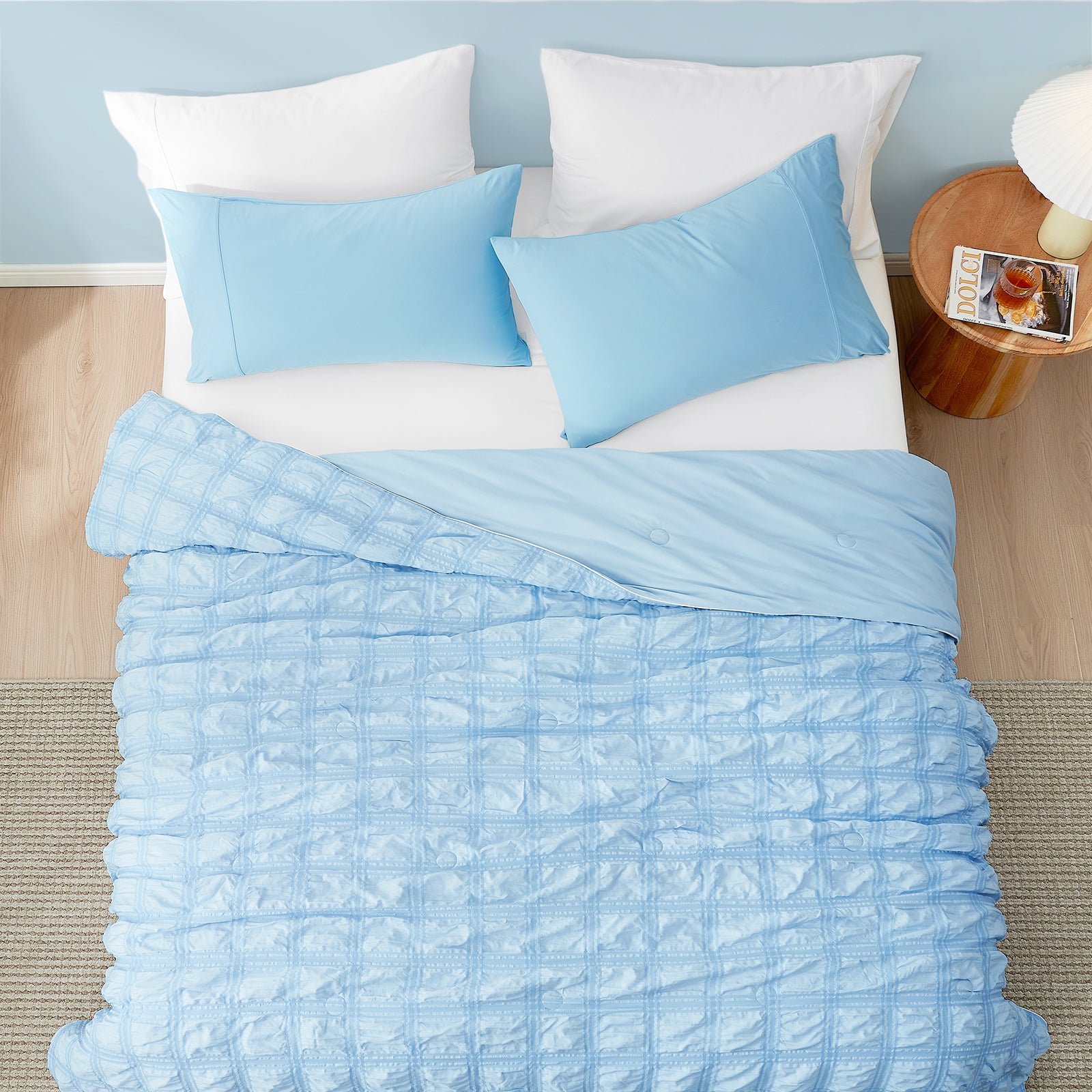 Blue Seersucker Cooling Comforter on Bed #Color_Blue Plaid