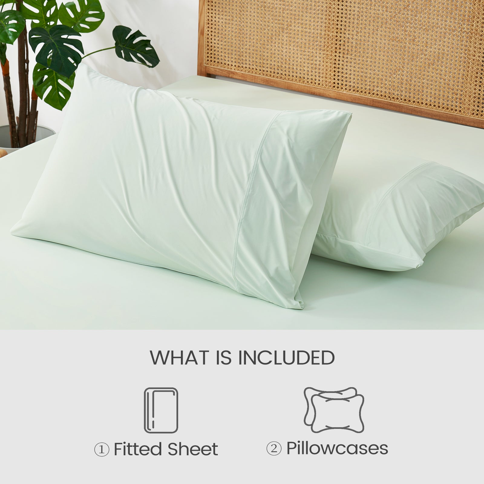 Cooling fitted sheet set includes fitted sheet and pillowcases, ultra-soft breathable bedding #Color_Light Mint Green