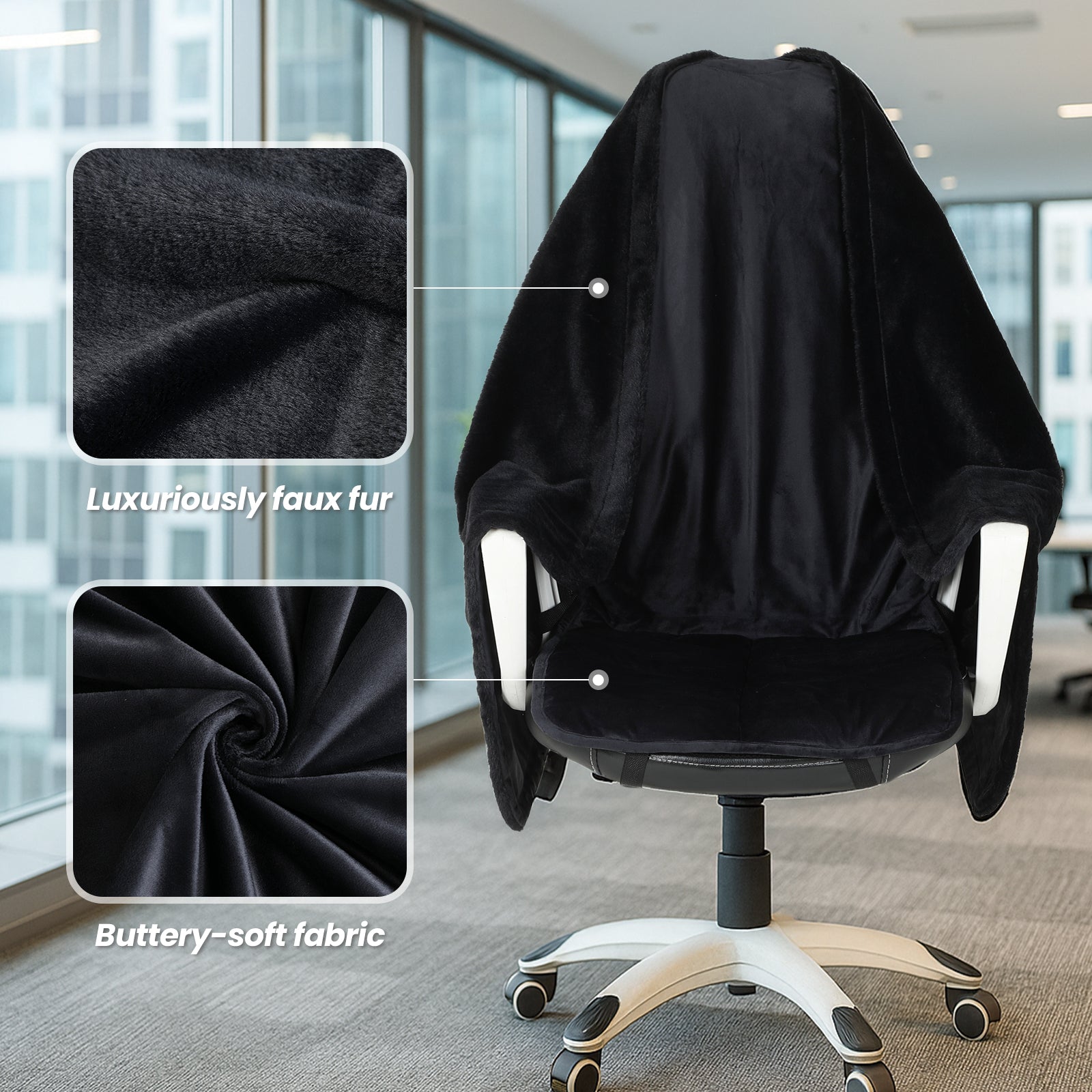 Black faux fur cover draped over a chair in an office setting with fabric texture close-ups. #color_Black