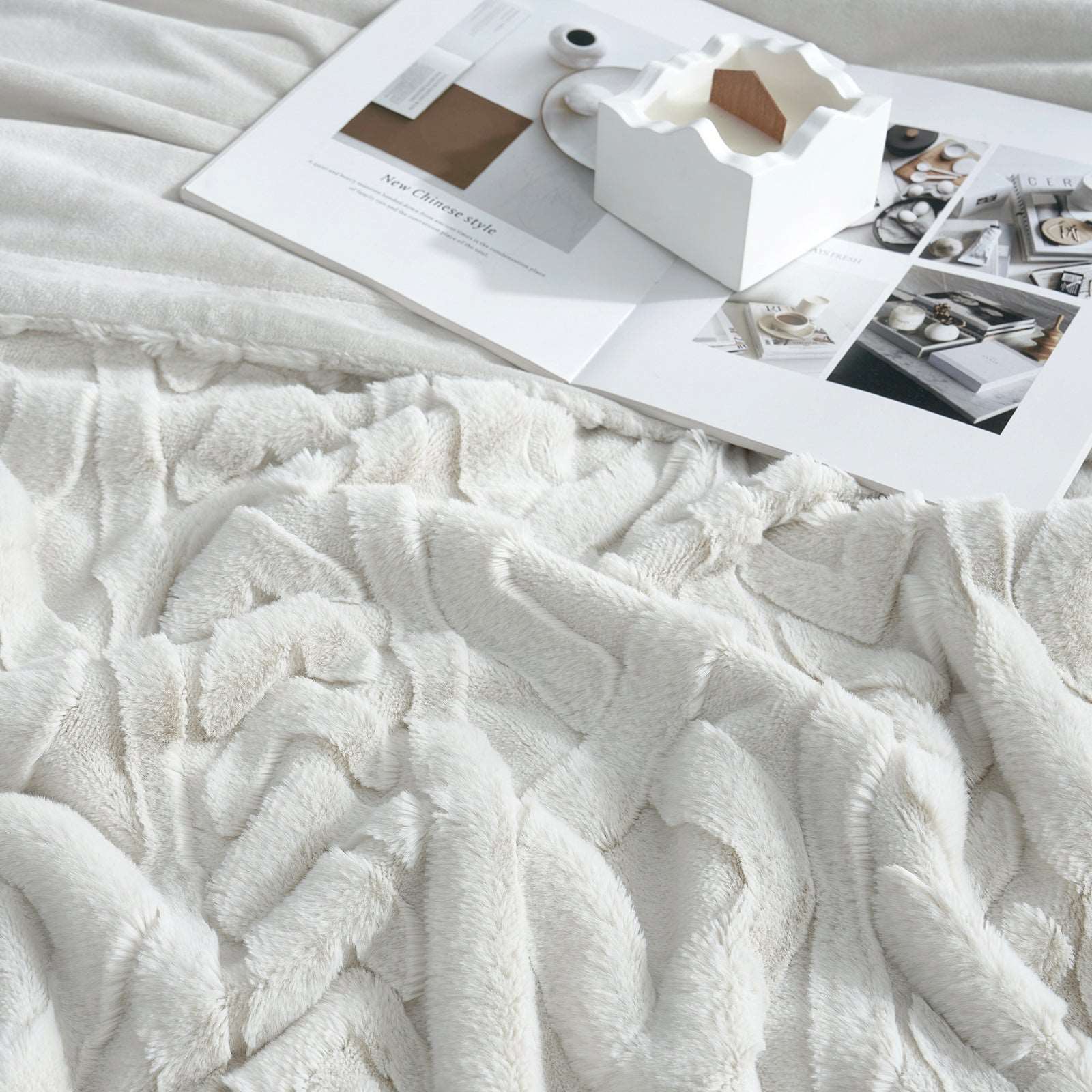 Cream cable knit faux fur blanket, cozy bedding with New Chinese Style magazine, perfect for home decor #color_Beige
