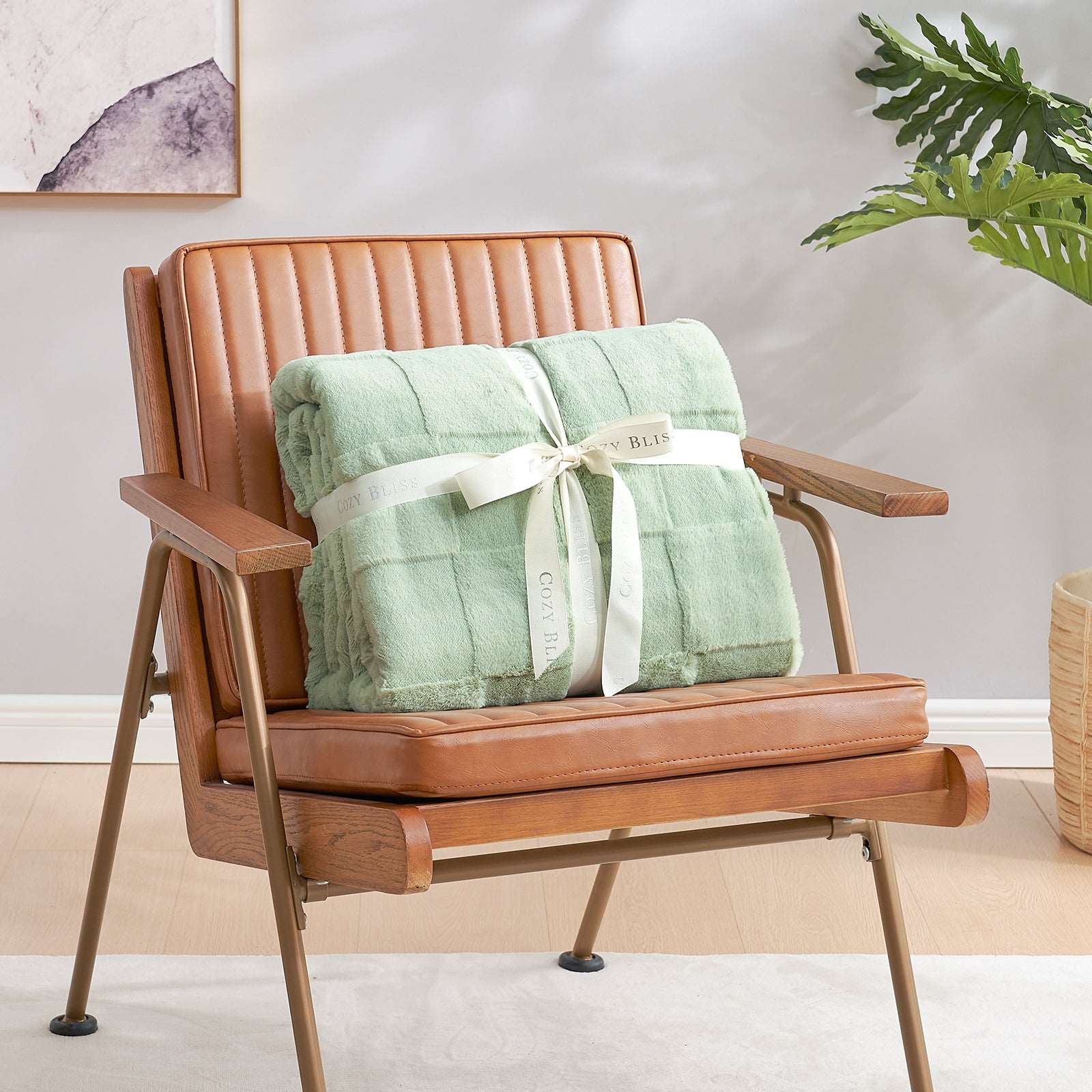Green checkboard faux fur blanket on armchair, Cozy Bliss #color_Sage Green