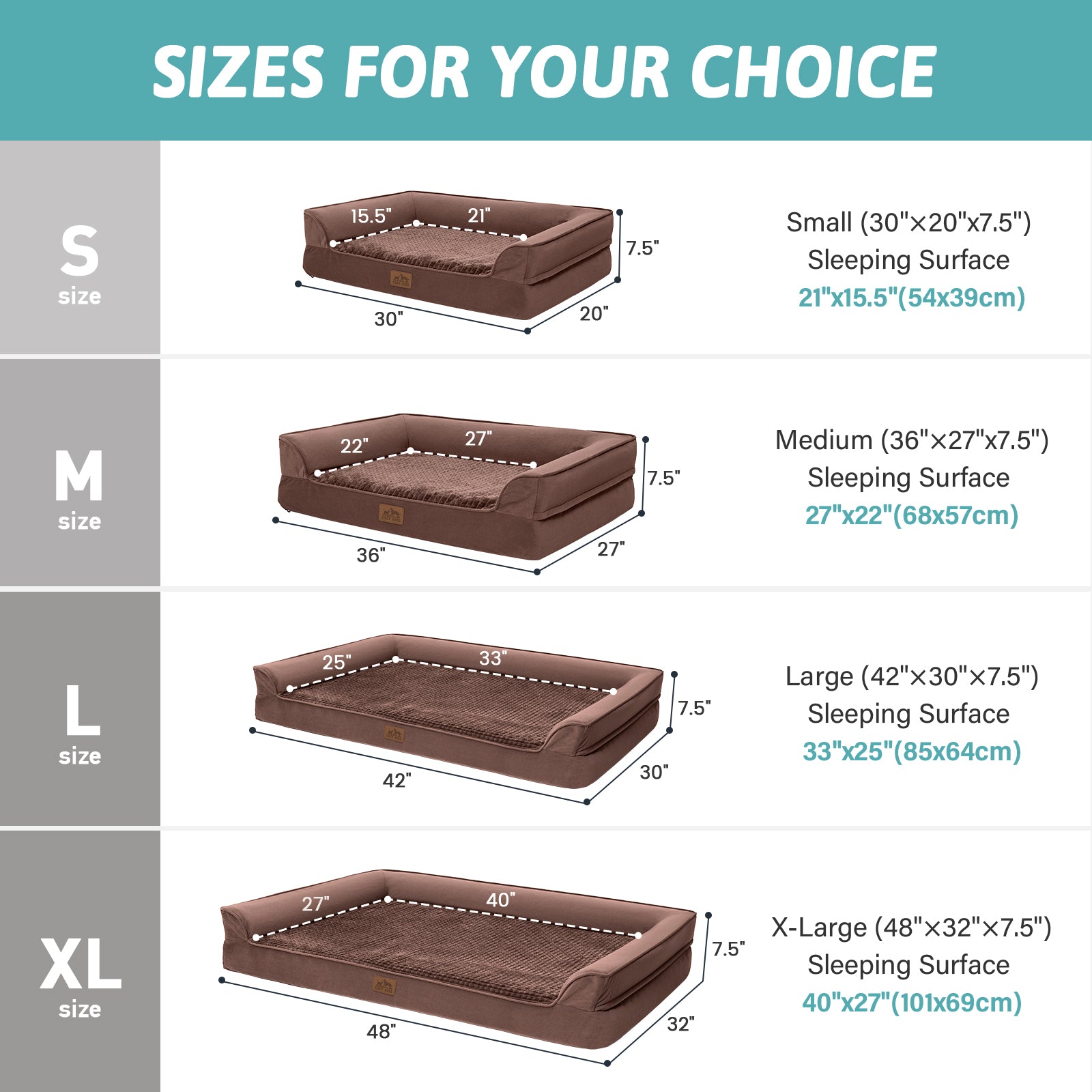 Dog bed size chart with dimensions for small, medium, large, and x-large sizes. #Color_Brown