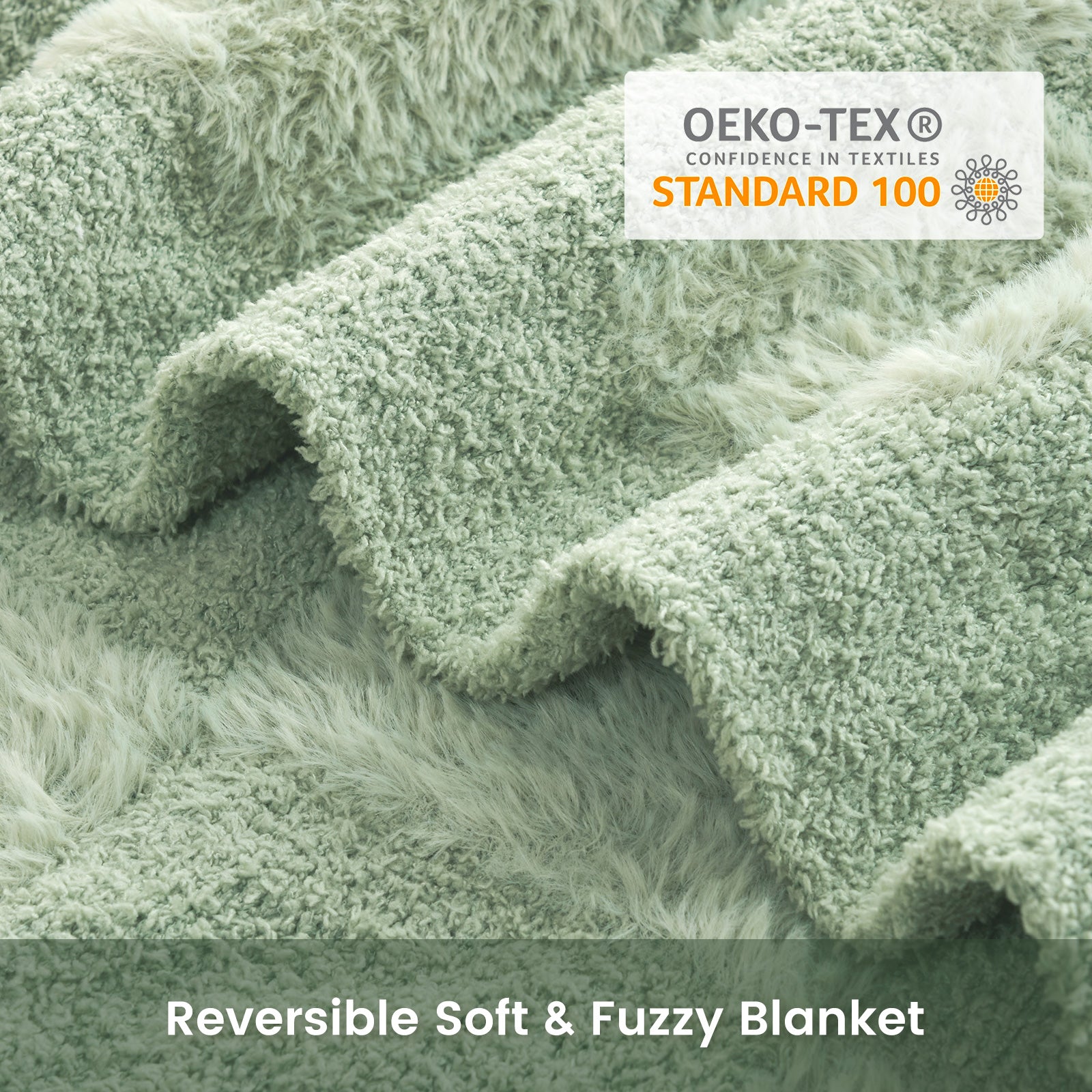 Close-up of Checkered Faux Fur Feather Yarn Throw Blanket in Sage Green showcasing plush texture and OEKO-TEX STANDARD 100 certification. #color_Sage Green