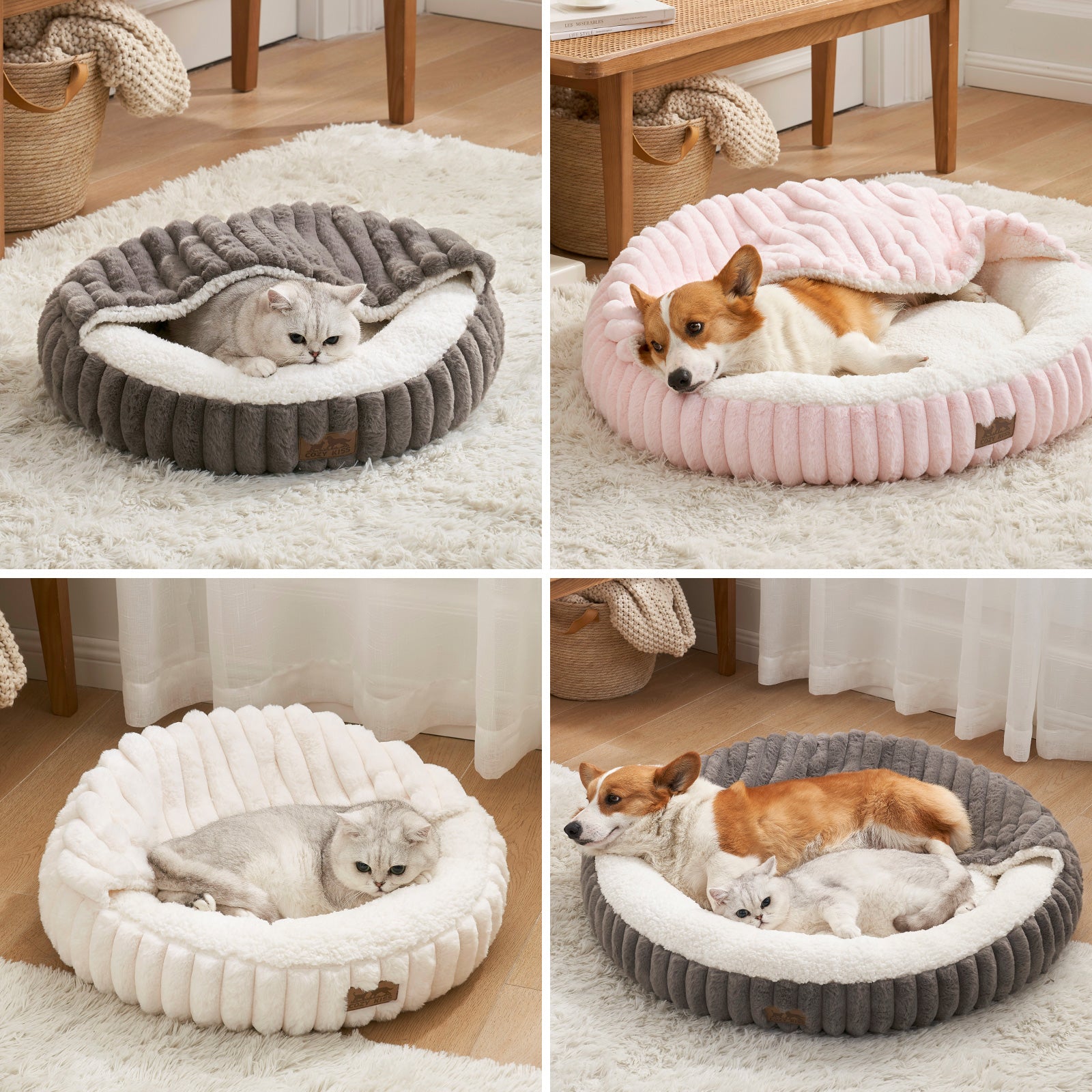 Cozy Bliss X CK Striped Faux Fur Pet Bed with Hooded Blanket