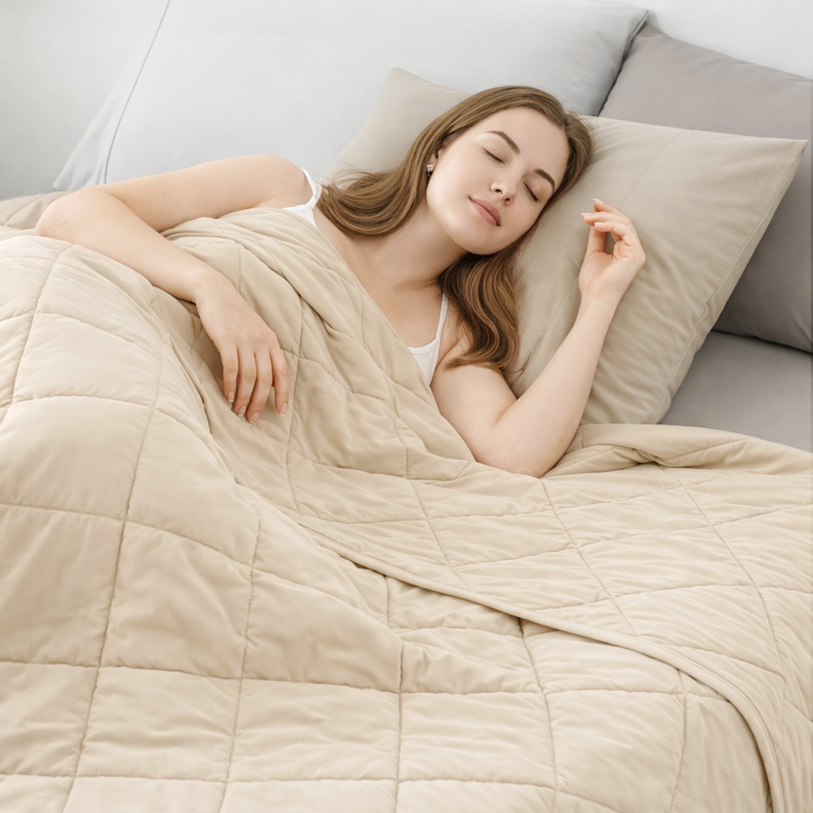 Woman sleeping under a khaki comforter in a cozy bedroom setting. #color_Khaki