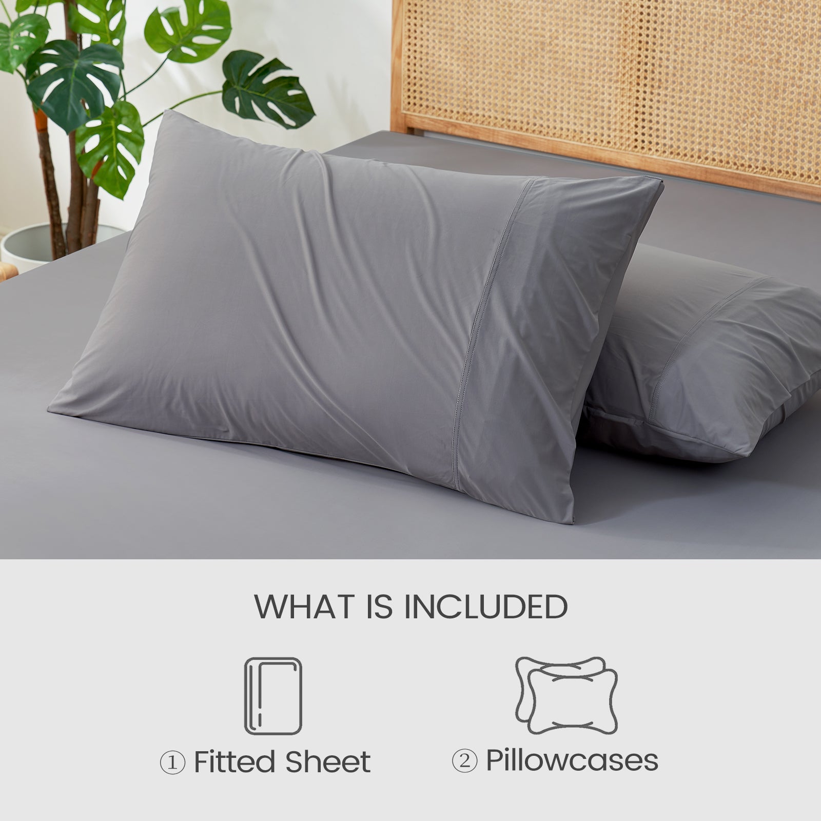Cooling Fitted Sheet Set includes a fitted sheet and pillowcases, grey, breathable fabric for cozy sleep. #Color_Dark Grey