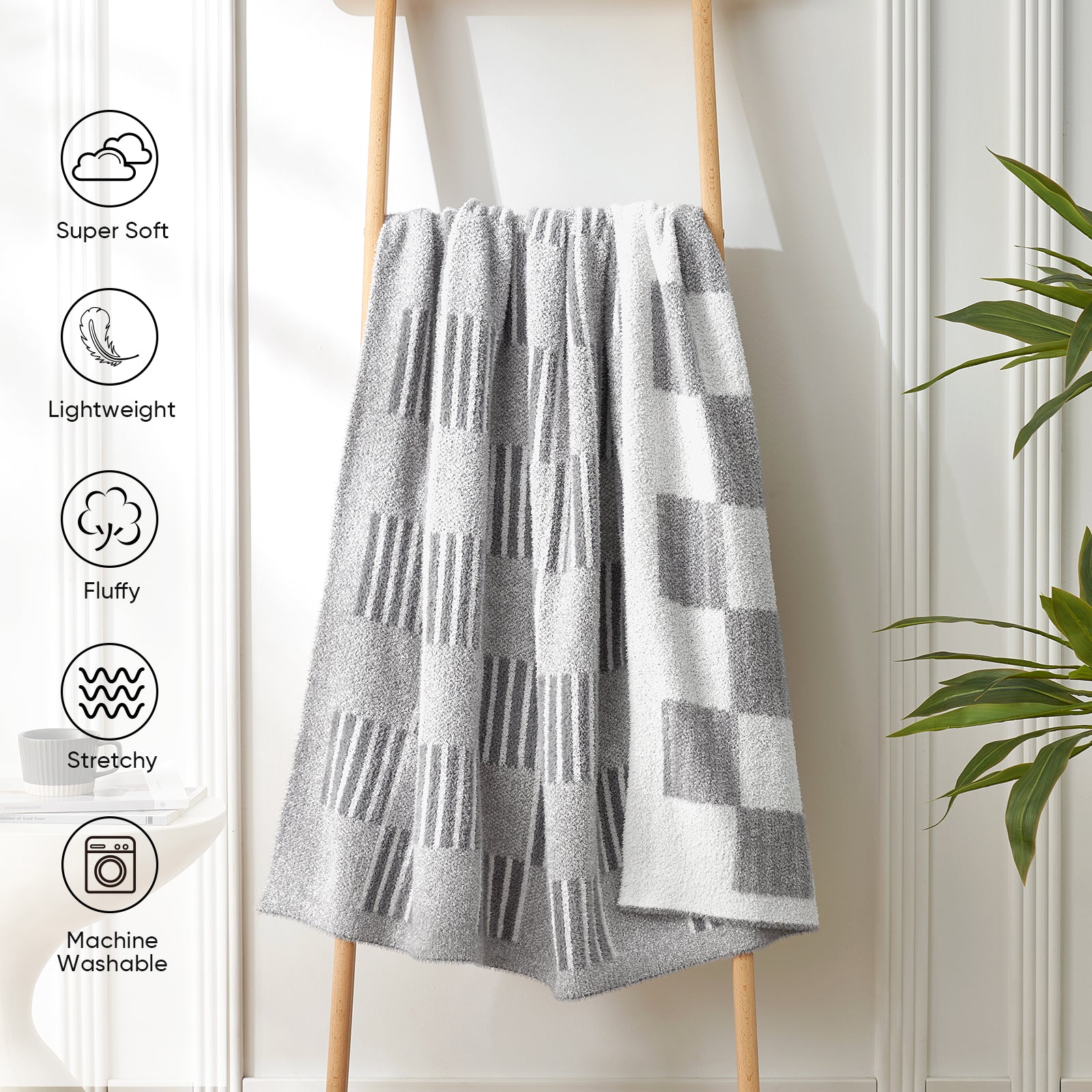 Reversible Heather Checkered Feather Yarn Throw Blanket