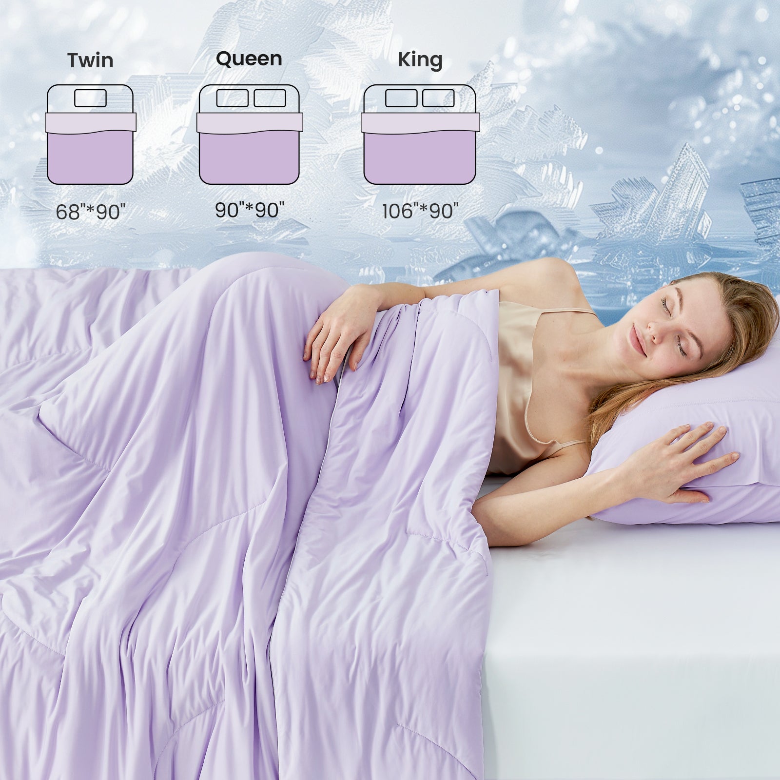 Cozy Bliss lavender cooling comforter, promoting cool and breathable sleep. Sizes: Twin, Queen, King. #Color_Lavender Purple