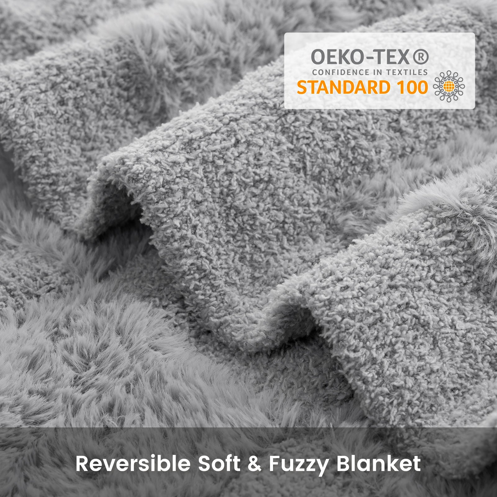 Close-up of Checkered Faux Fur Feather Yarn Throw Blanket in Light Grey showcasing plush texture and OEKO-TEX STANDARD 100 certification. #Color_Light Grey