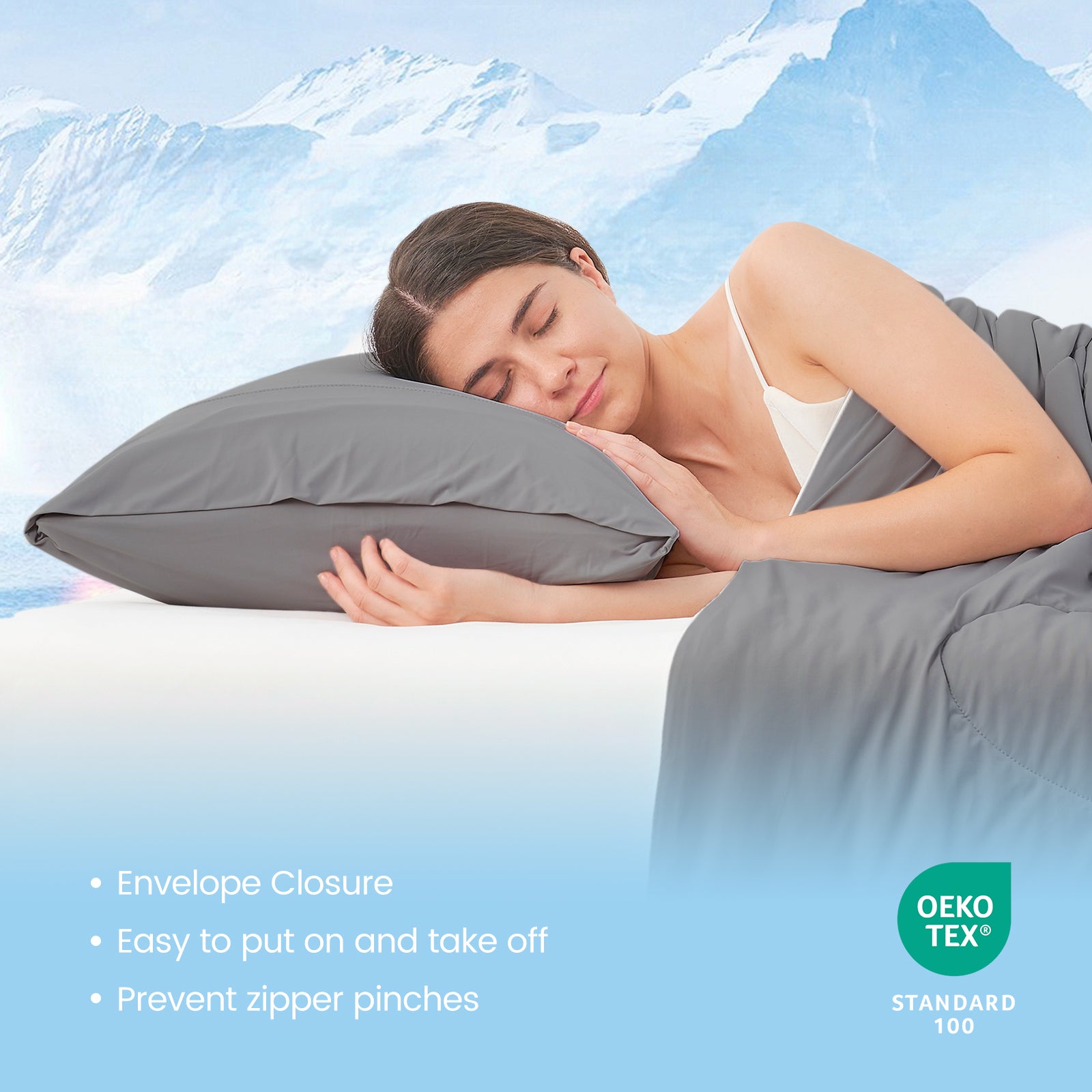 Gray cooling pillowcase with OEKO-TEX certification, woman sleeping comfortably #color_Dark Grey