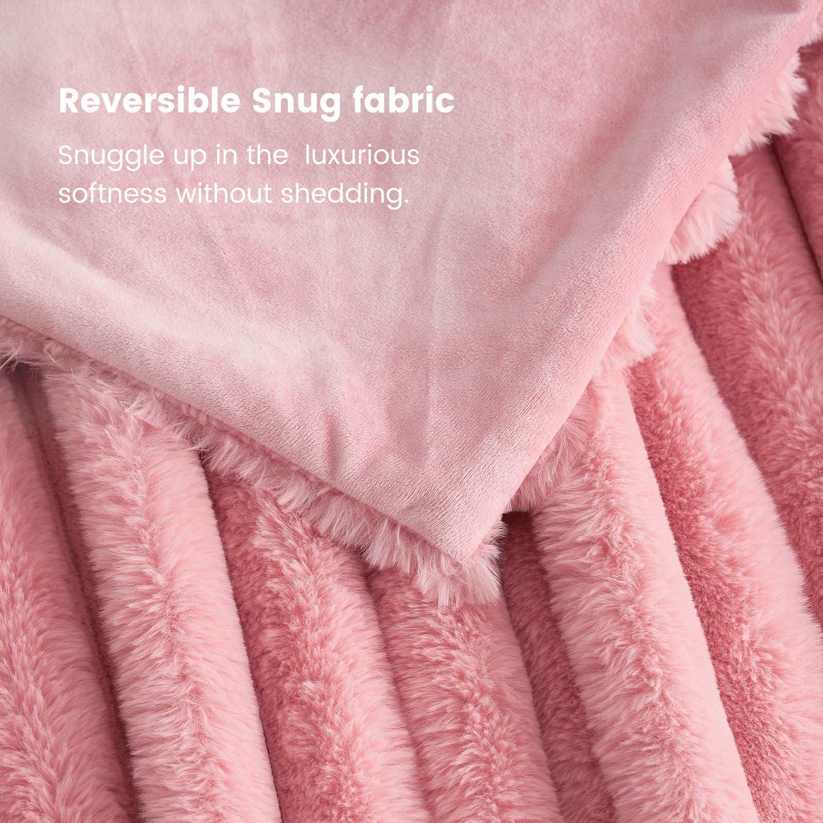 Cozy Bliss pink faux fur blanket showing Reversible Snug fabric for ultimate comfort and softness. #color_Hot Pink